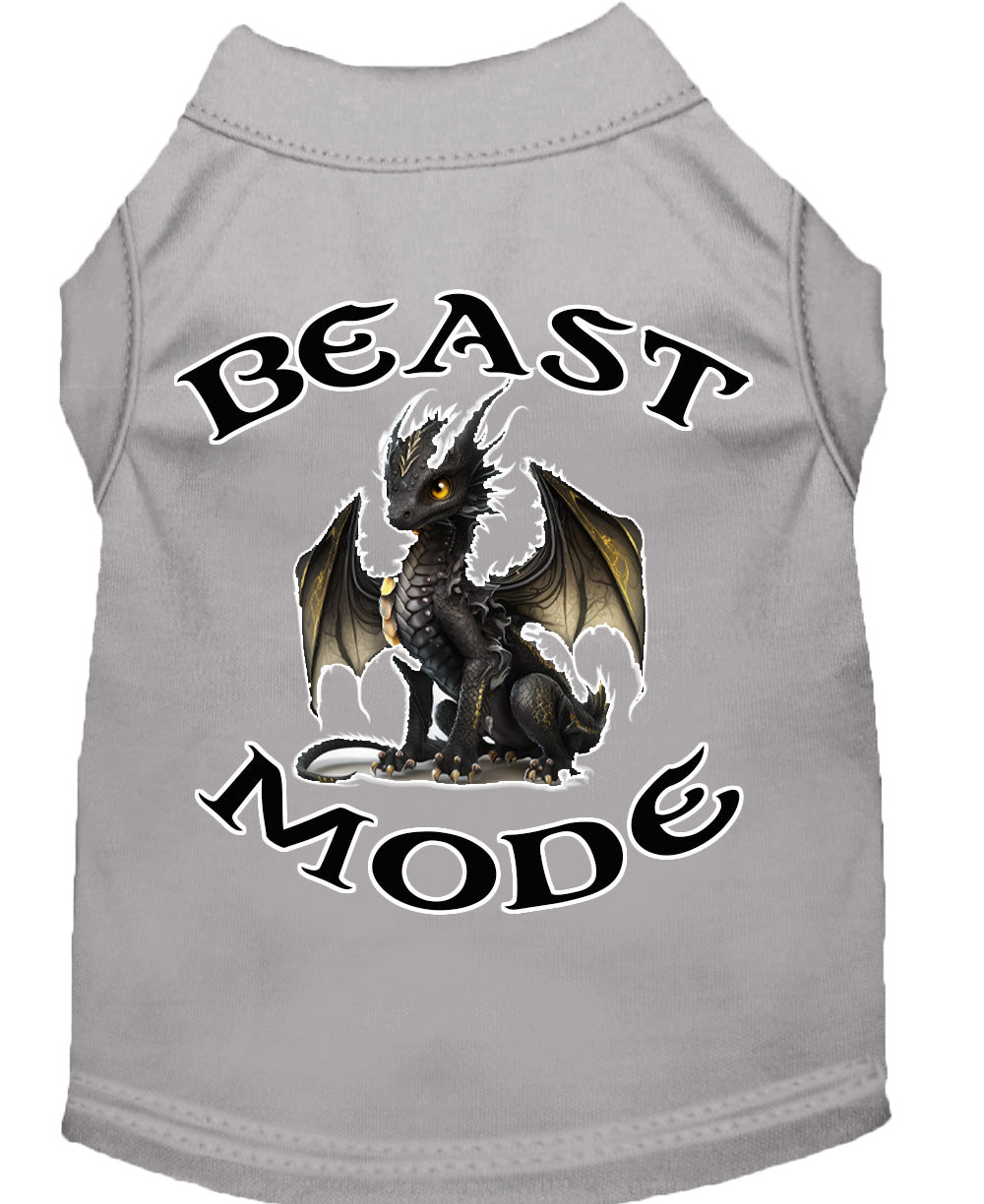 A soft and durable dog shirt featuring a vibrant 'Beast Mode Dragon' print, designed for pets weighing 20-115 pounds.