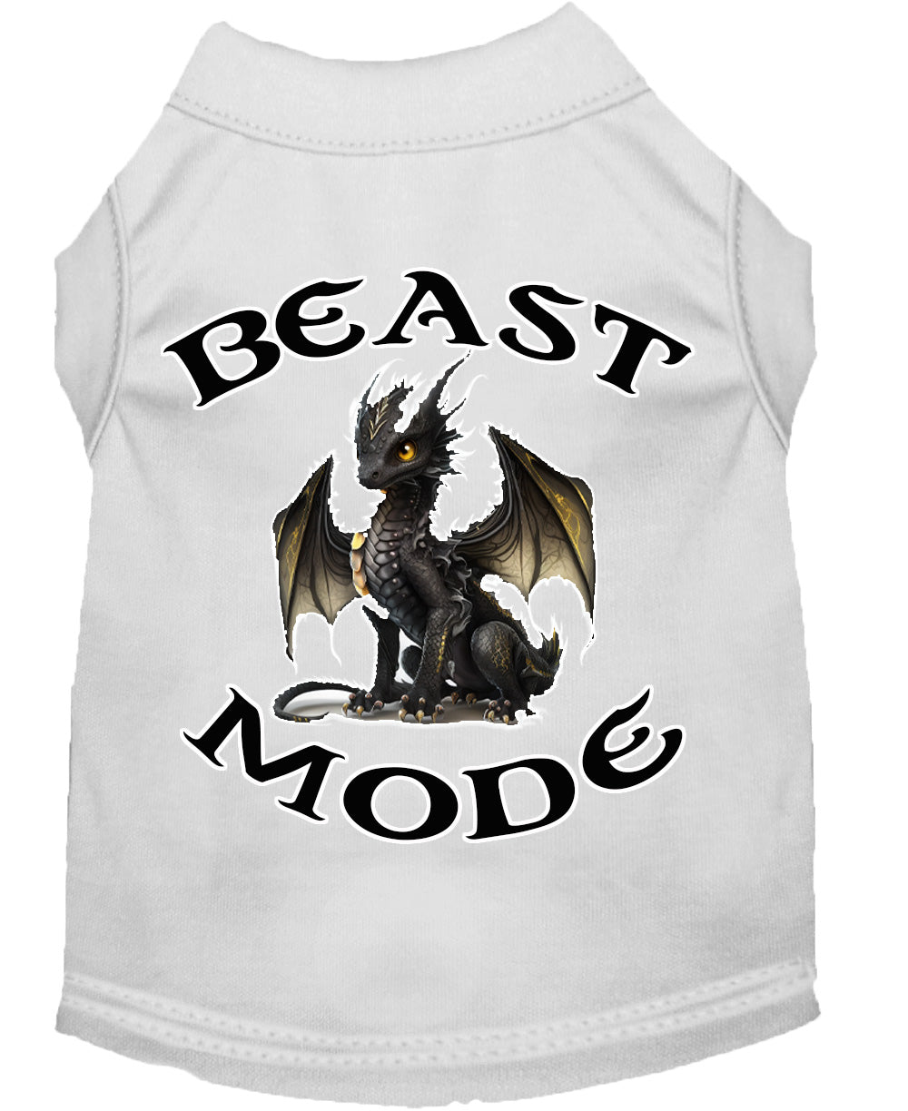A soft and durable dog shirt featuring a vibrant 'Beast Mode Dragon' print, designed for pets weighing 20-115 pounds.