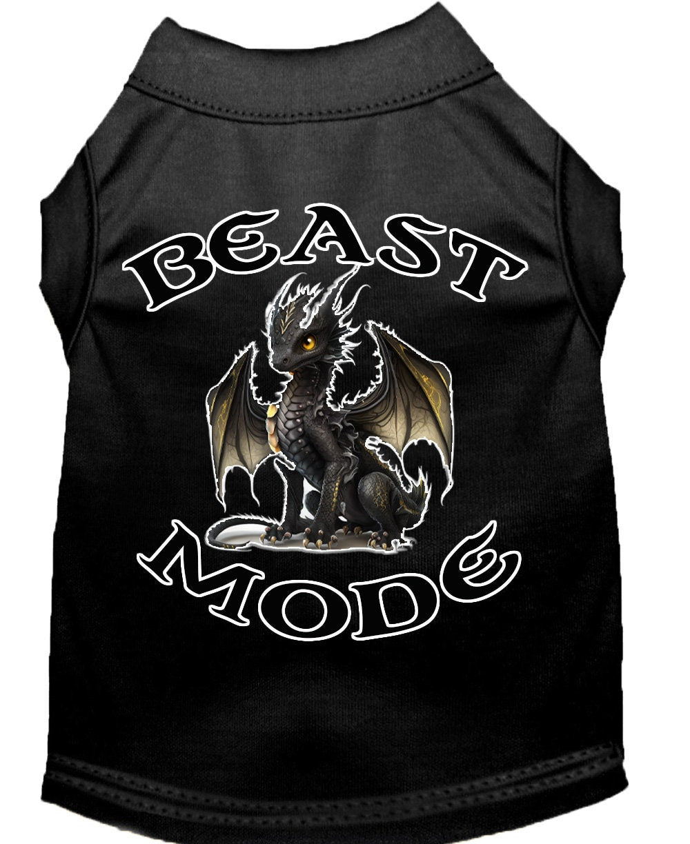 A soft and durable dog shirt featuring a vibrant 'Beast Mode Dragon' print, designed for pets weighing 20-115 pounds.