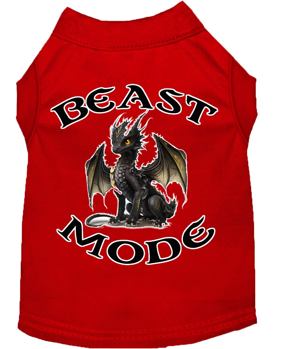 A soft and durable dog shirt featuring a vibrant 'Beast Mode Dragon' print, designed for pets weighing 20-115 pounds.