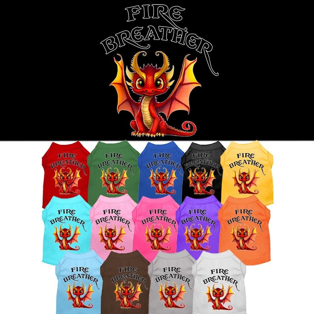 A soft and durable dog shirt featuring a vibrant Fire Breather Dragon design, suitable for pets weighing 20-115 pounds.