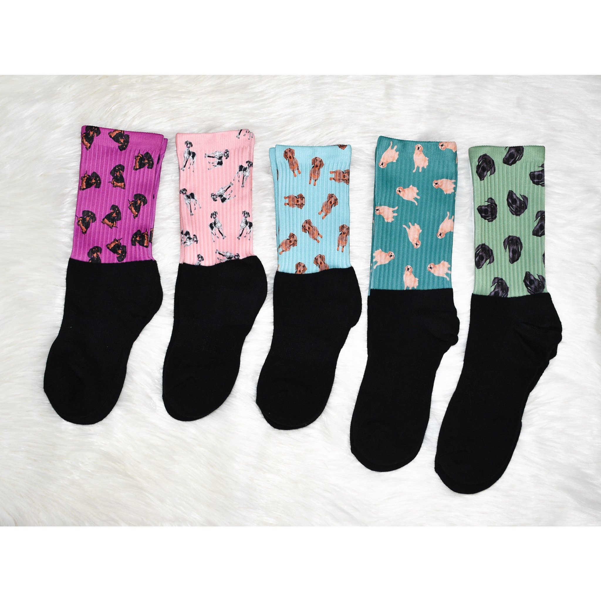 A pair of cozy dog socks designed for humans, featuring a unique print and soft cotton foot for comfort.