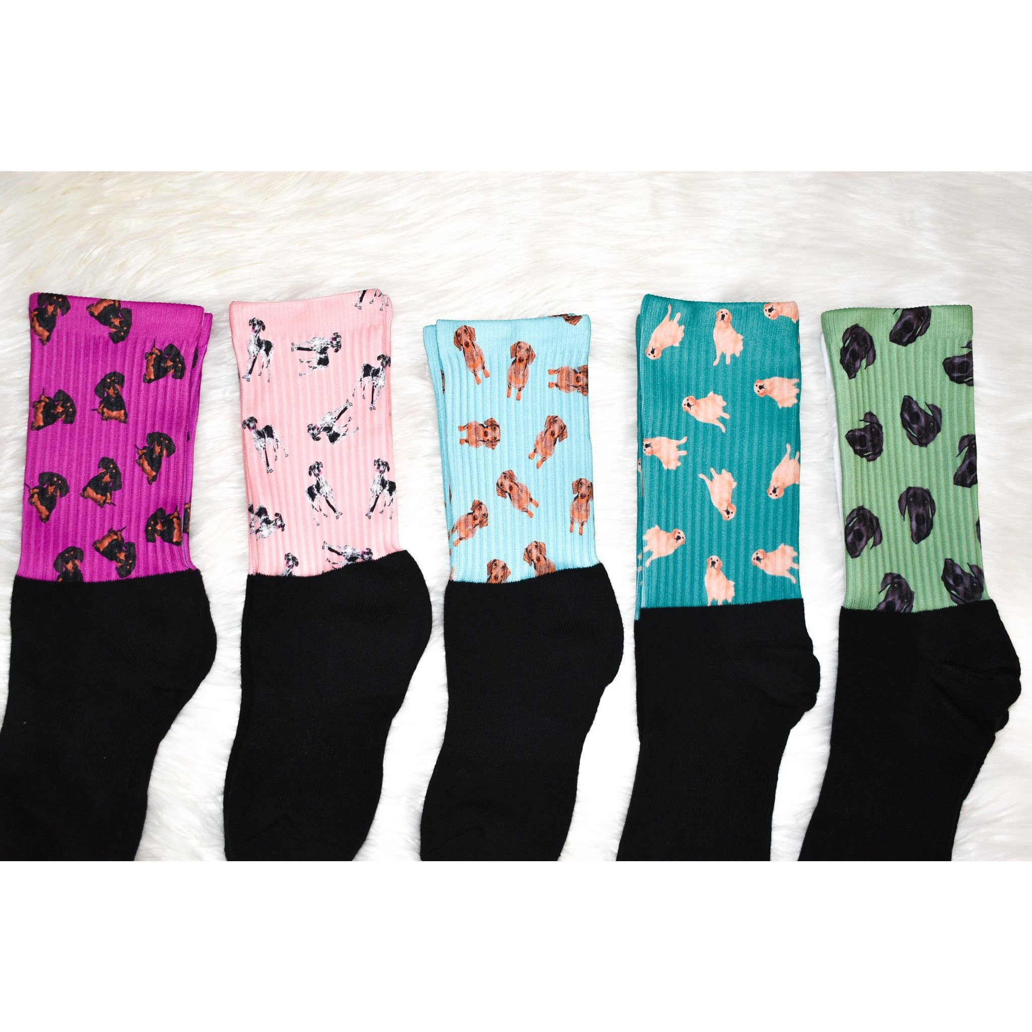 A pair of cozy dog socks designed for humans, featuring a unique print and soft cotton foot for comfort.