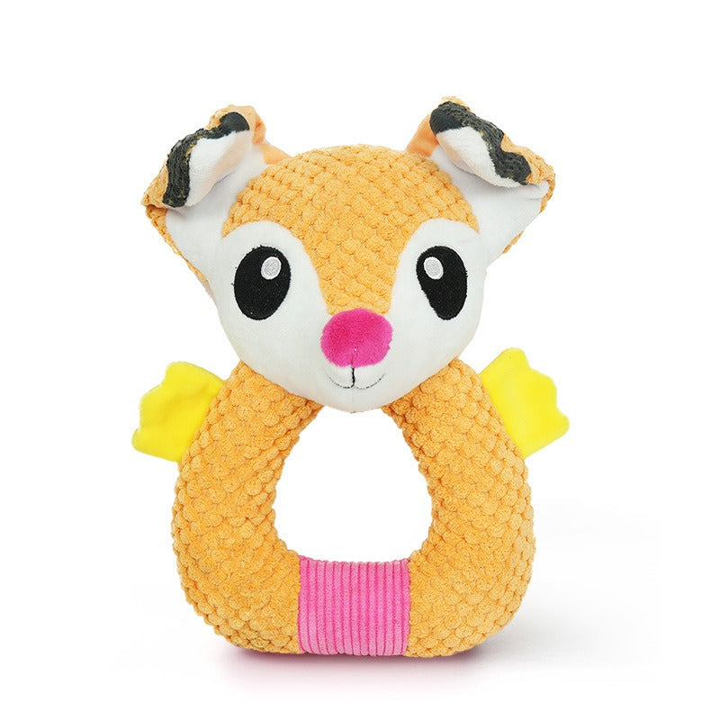 A colorful plush dog toy with moving ears and sound features, designed to engage and entertain dogs.