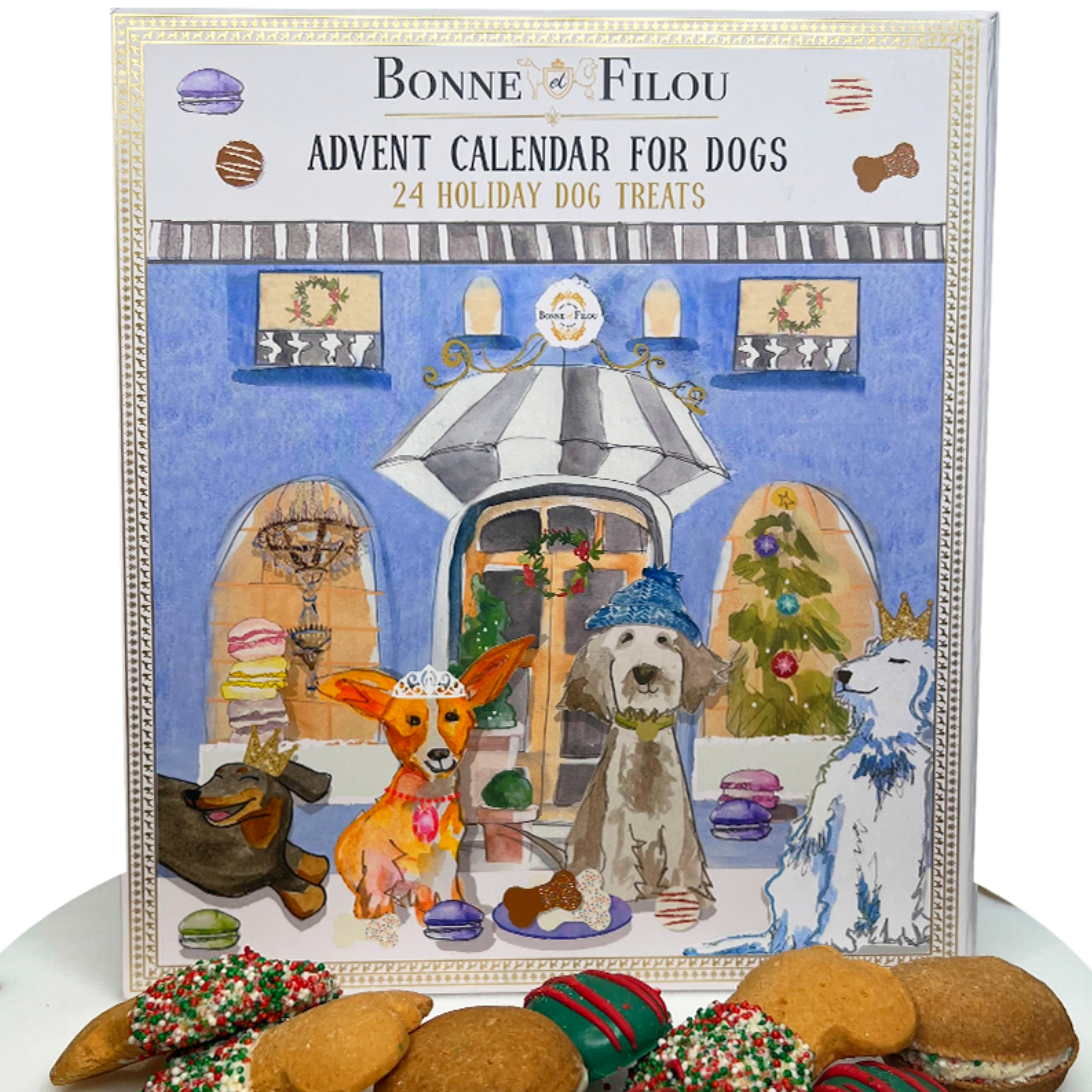 Luxurious Dog Treats Advent Calendar featuring 24 gourmet treats including bones, truffles, and macarons for dogs.