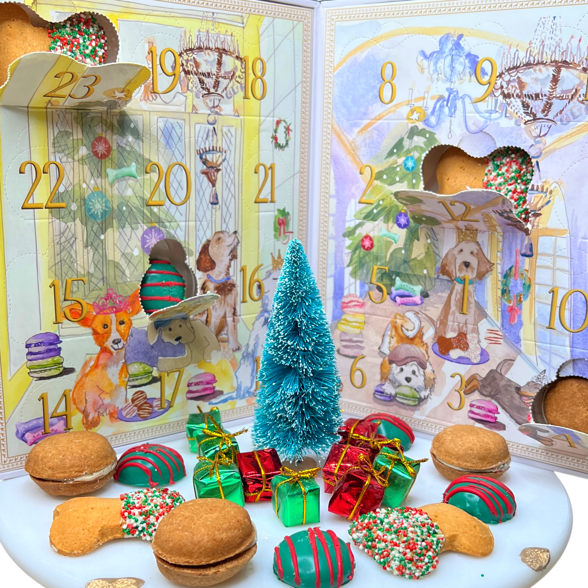 Luxurious Dog Treats Advent Calendar featuring 24 gourmet treats including bones, truffles, and macarons for dogs.