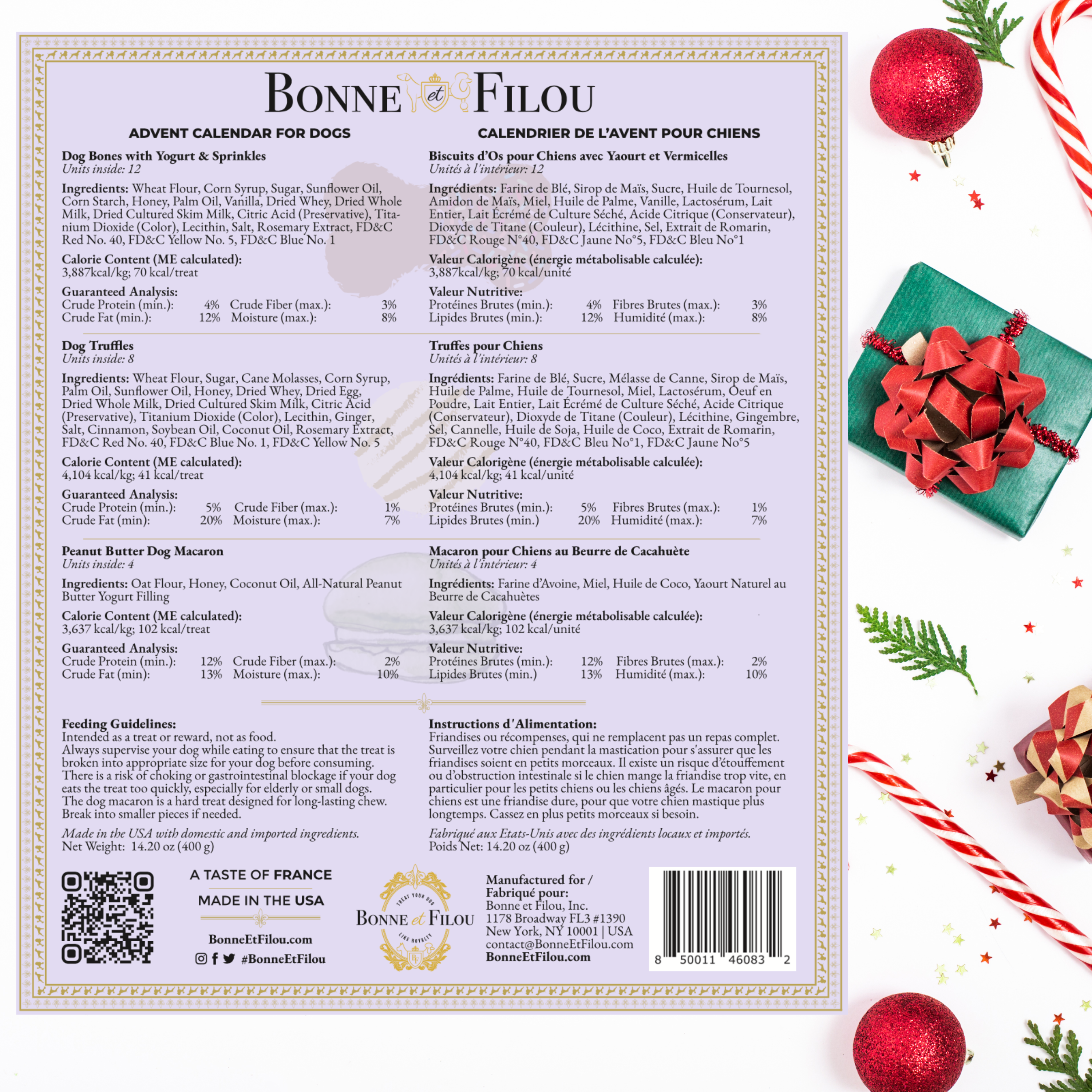 Luxurious Dog Treats Advent Calendar featuring 24 gourmet treats including bones, truffles, and macarons for dogs.