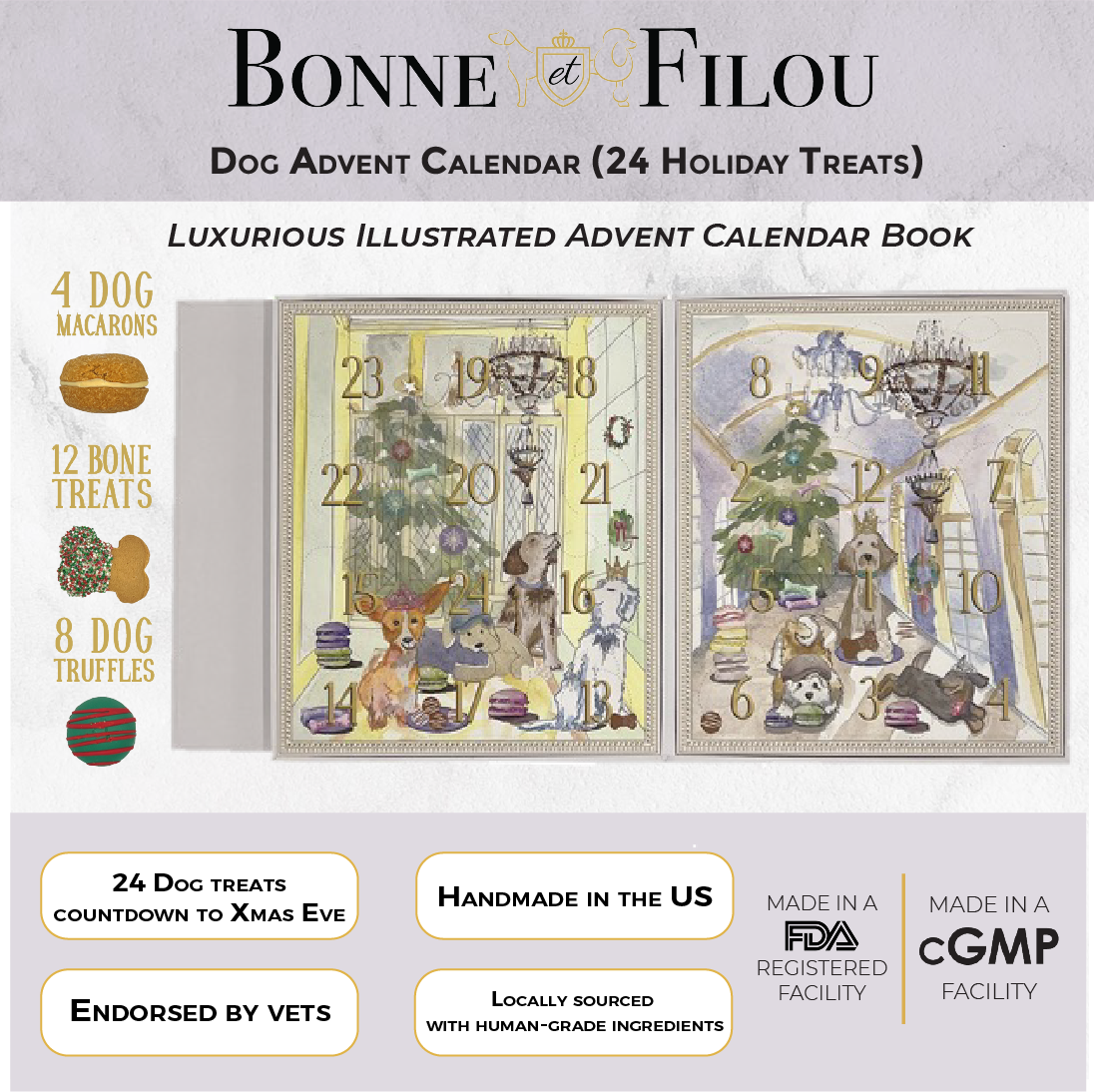 Luxurious Dog Treats Advent Calendar featuring 24 gourmet treats including bones, truffles, and macarons for dogs.