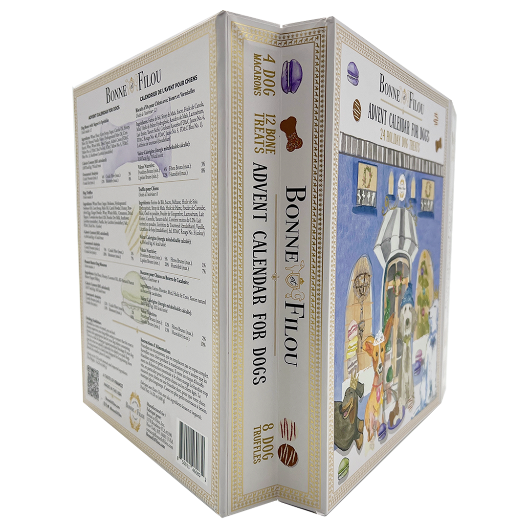 Luxurious Dog Treats Advent Calendar featuring 24 gourmet treats including bones, truffles, and macarons for dogs.