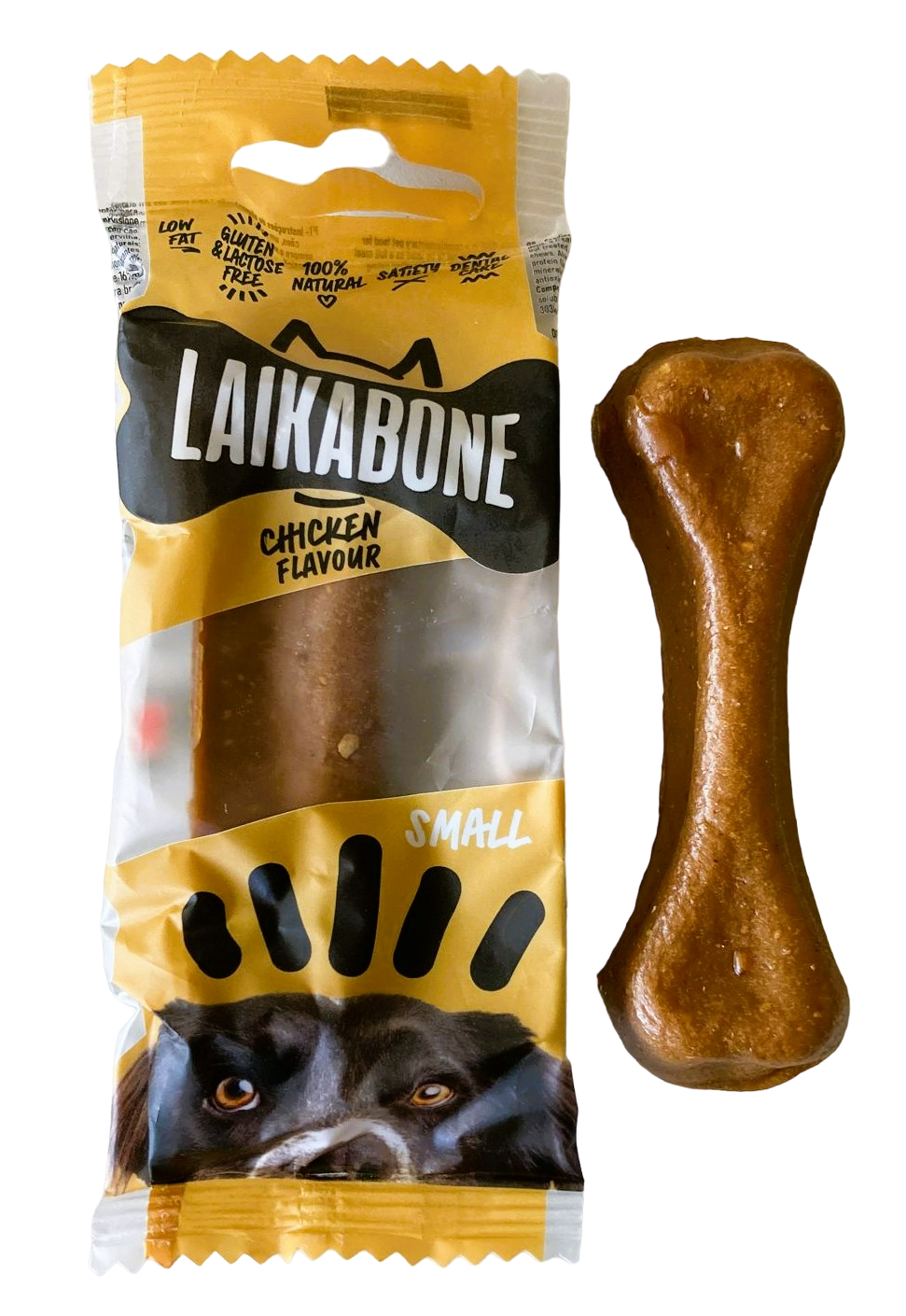 LAIKA BONE Cheese & Chicken Chews in a box, showcasing natural ingredients and a delicious treat for dogs.