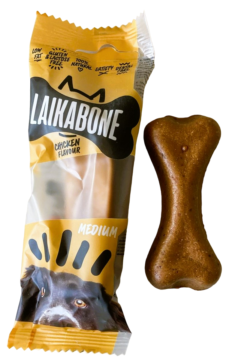 LAIKA BONE Cheese & Chicken Chews in a box, showcasing natural ingredients and a delicious treat for dogs.
