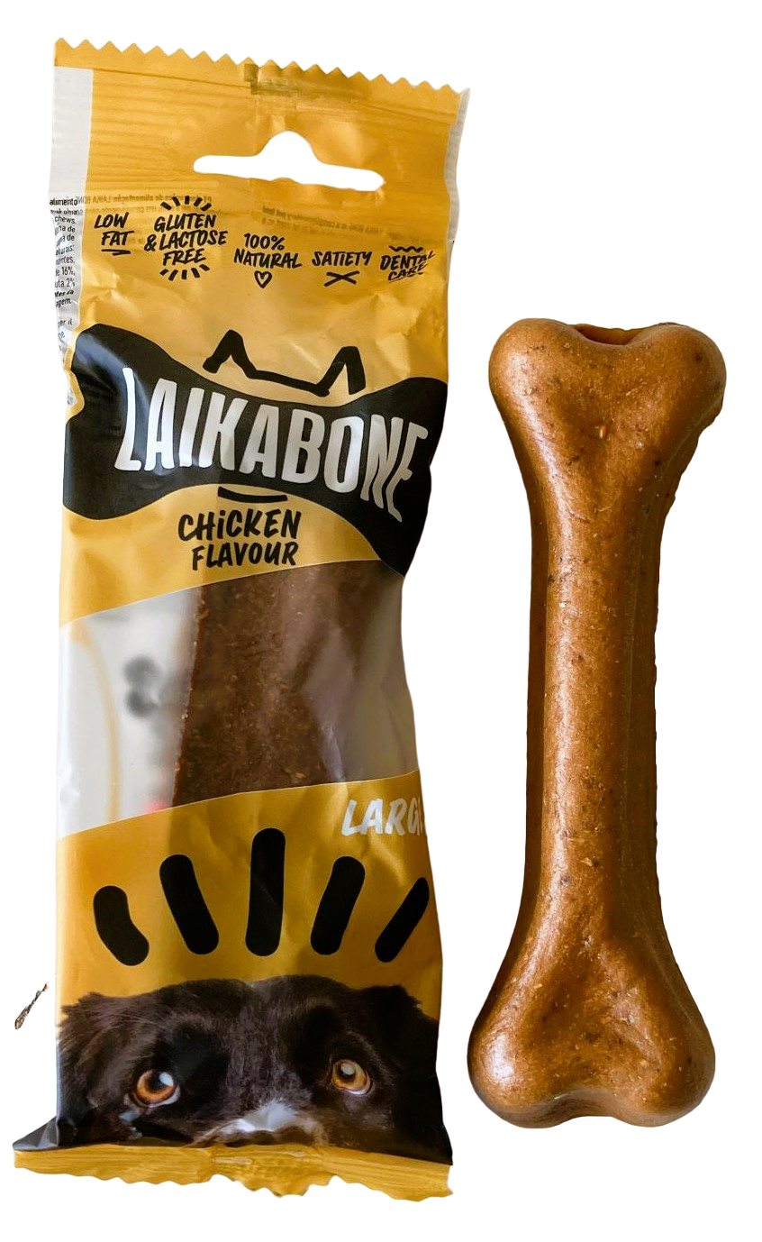 LAIKA BONE Cheese & Chicken Chews in a box, showcasing natural ingredients and a delicious treat for dogs.