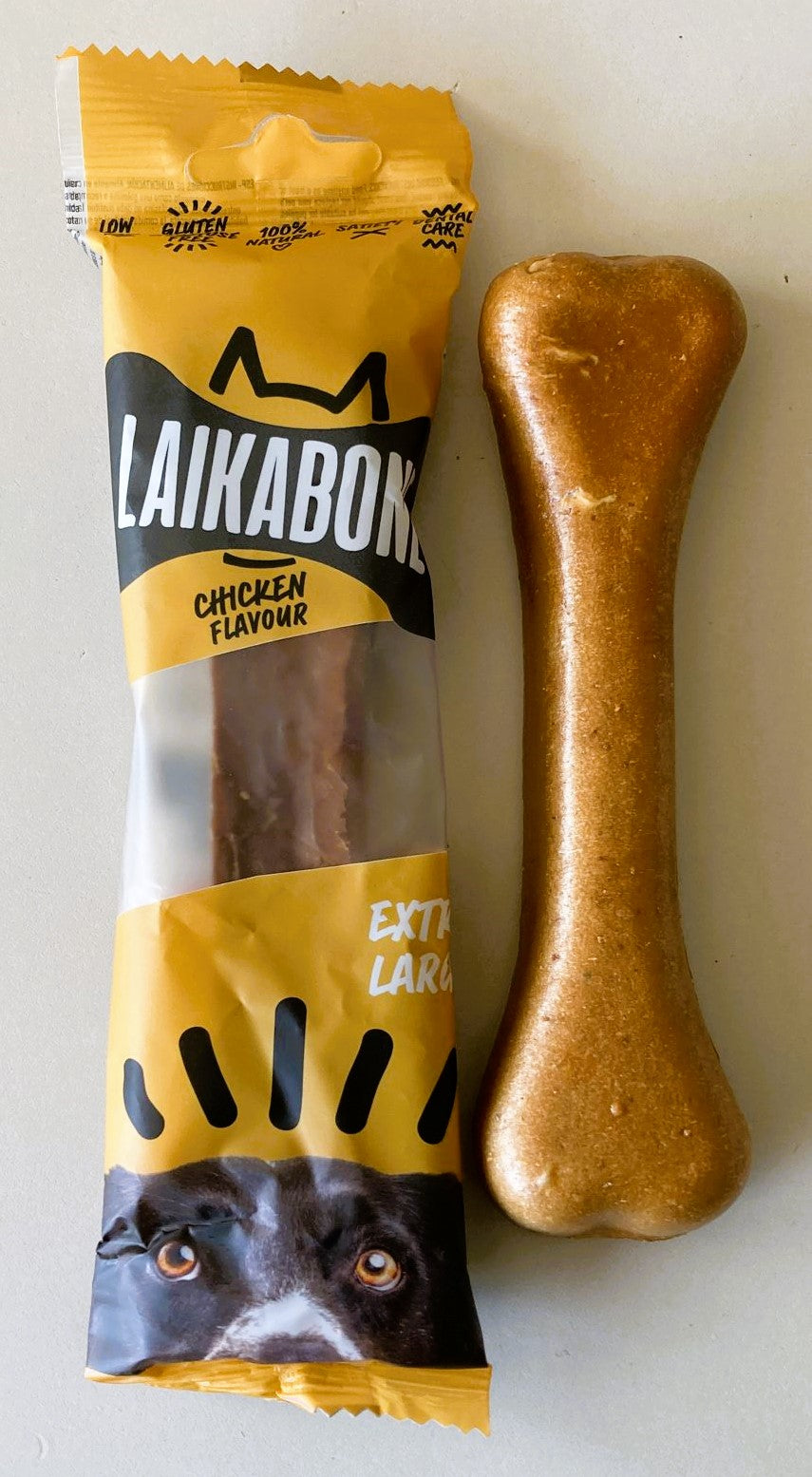 LAIKA BONE Cheese & Chicken Chews in a box, showcasing natural ingredients and a delicious treat for dogs.