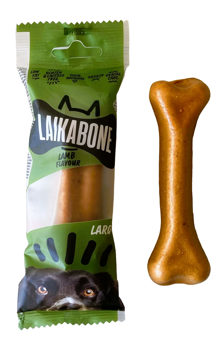 A box of LAIKA BONE Dog Treats featuring Cheese & Lamb chews, showcasing their natural ingredients and appealing texture.