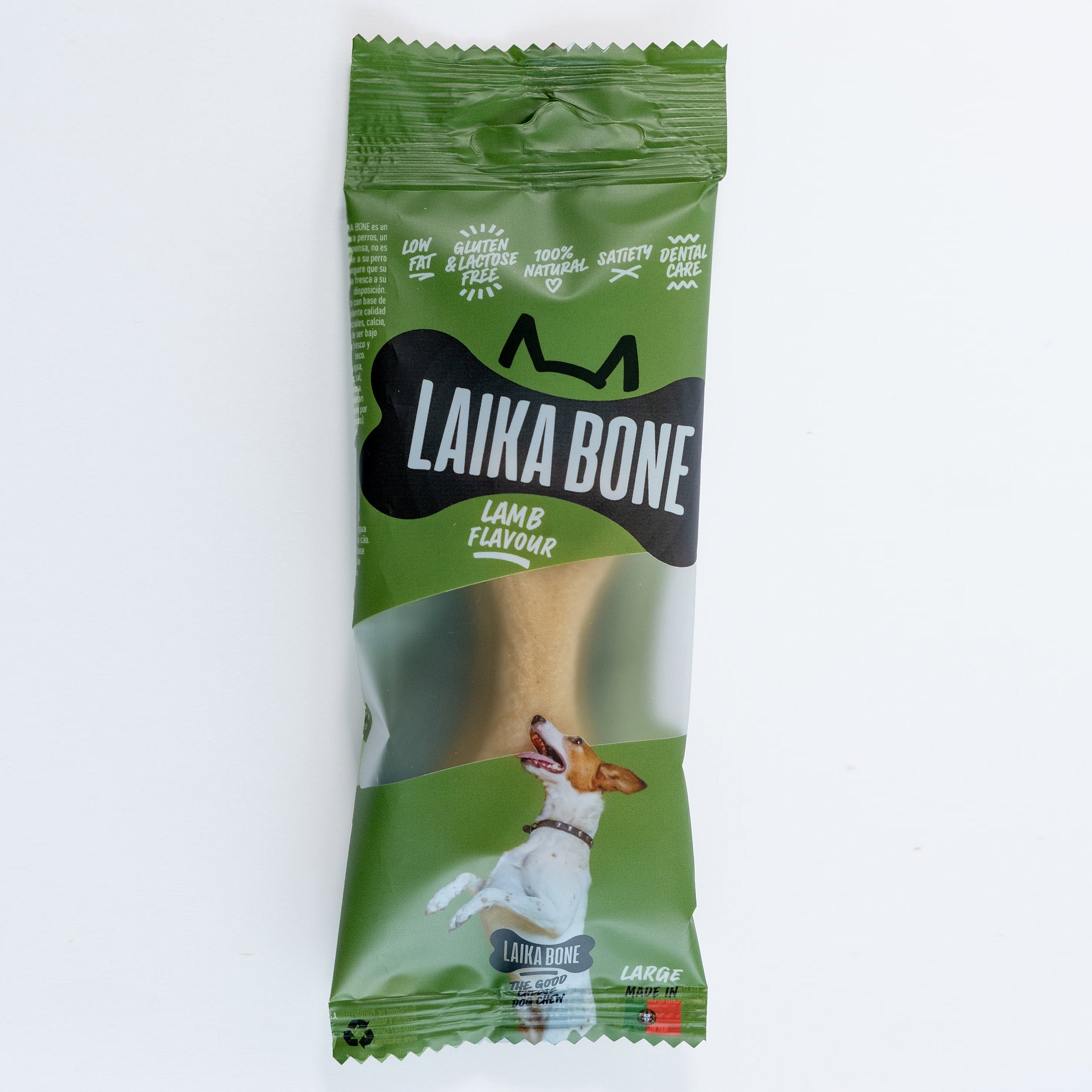 A box of LAIKA BONE Dog Treats featuring Cheese & Lamb chews, showcasing their natural ingredients and appealing texture.