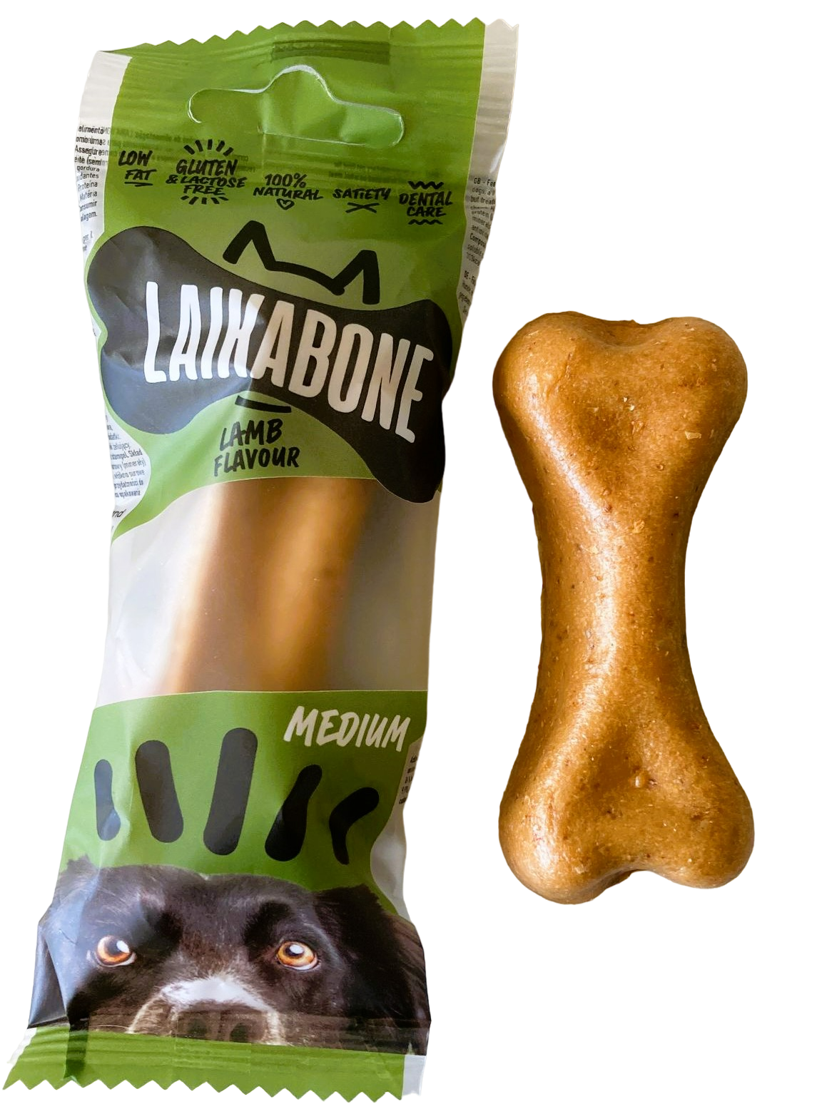 A box of LAIKA BONE Dog Treats featuring Cheese & Lamb chews, showcasing their natural ingredients and appealing texture.