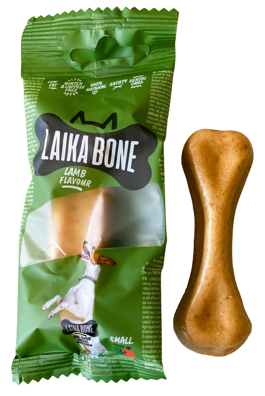 A box of LAIKA BONE Dog Treats featuring Cheese & Lamb chews, showcasing their natural ingredients and appealing texture.