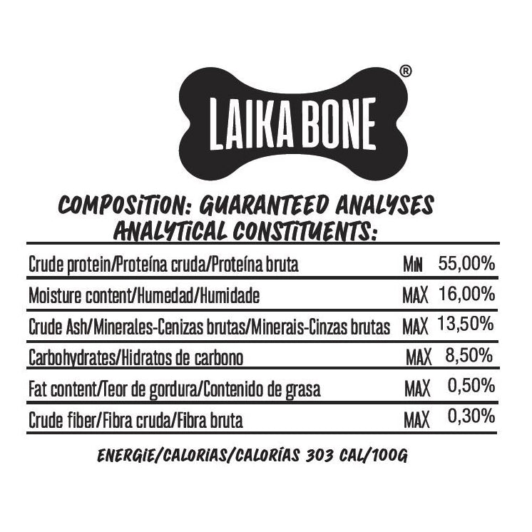 A box of LAIKA BONE Dog Treats featuring Cheese & Lamb chews, showcasing their natural ingredients and appealing texture.