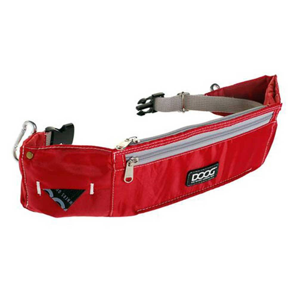 Doog Walkie Belt in black and red, designed for hands-free dog walking and running, featuring pockets for phones and treats.