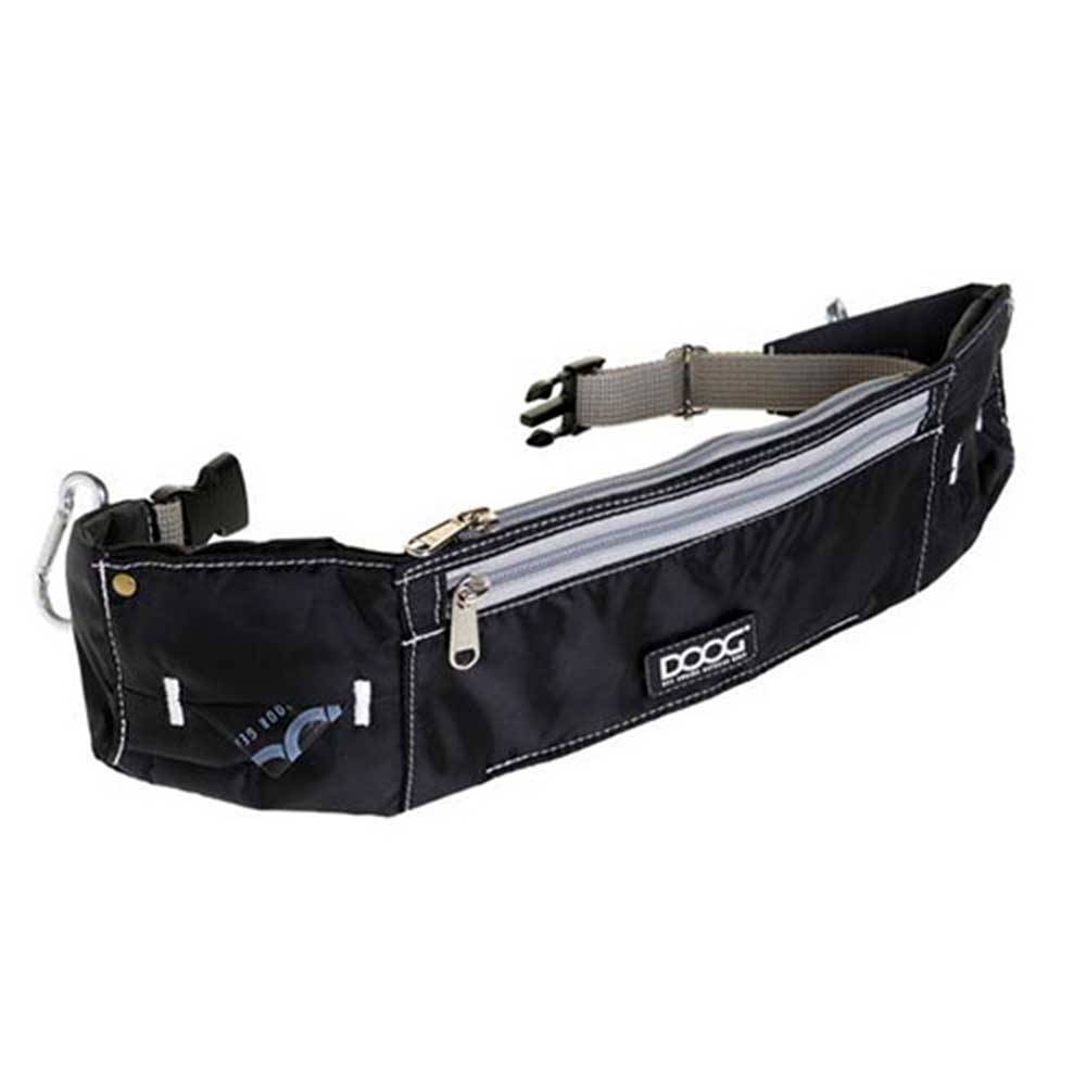 Doog Walkie Belt in black and red, designed for hands-free dog walking and running, featuring pockets for phones and treats.