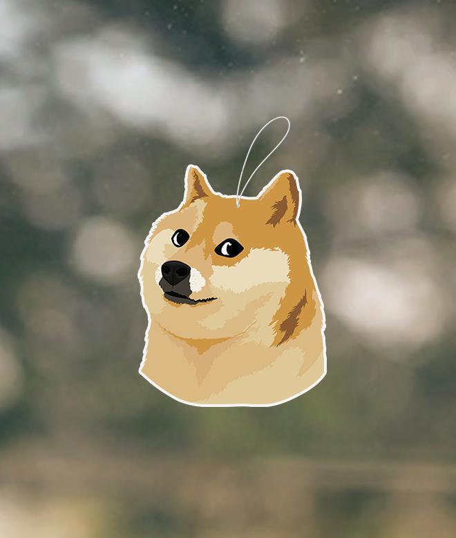 Doge Meme Air Freshener featuring a Shiba Inu dog with colorful text, perfect for adding humor and fragrance to any space.