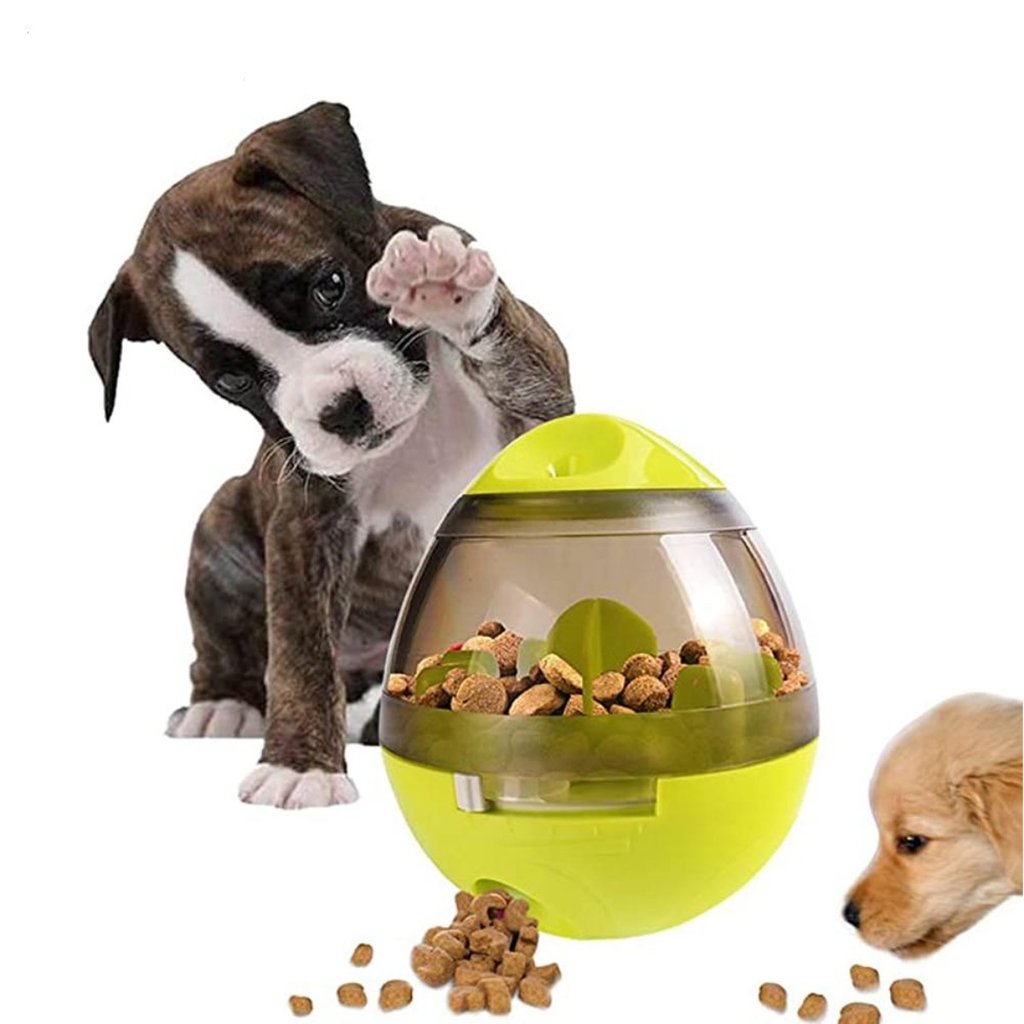 Dogs and Cats Food Dispenser Tumbler in green and pink colors, designed for interactive treat dispensing.