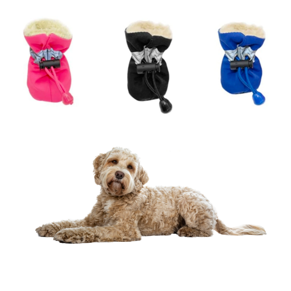 Dogs Winter Warm Shoes 4 PCS Set featuring anti-slip soles and reflective strips for safety.