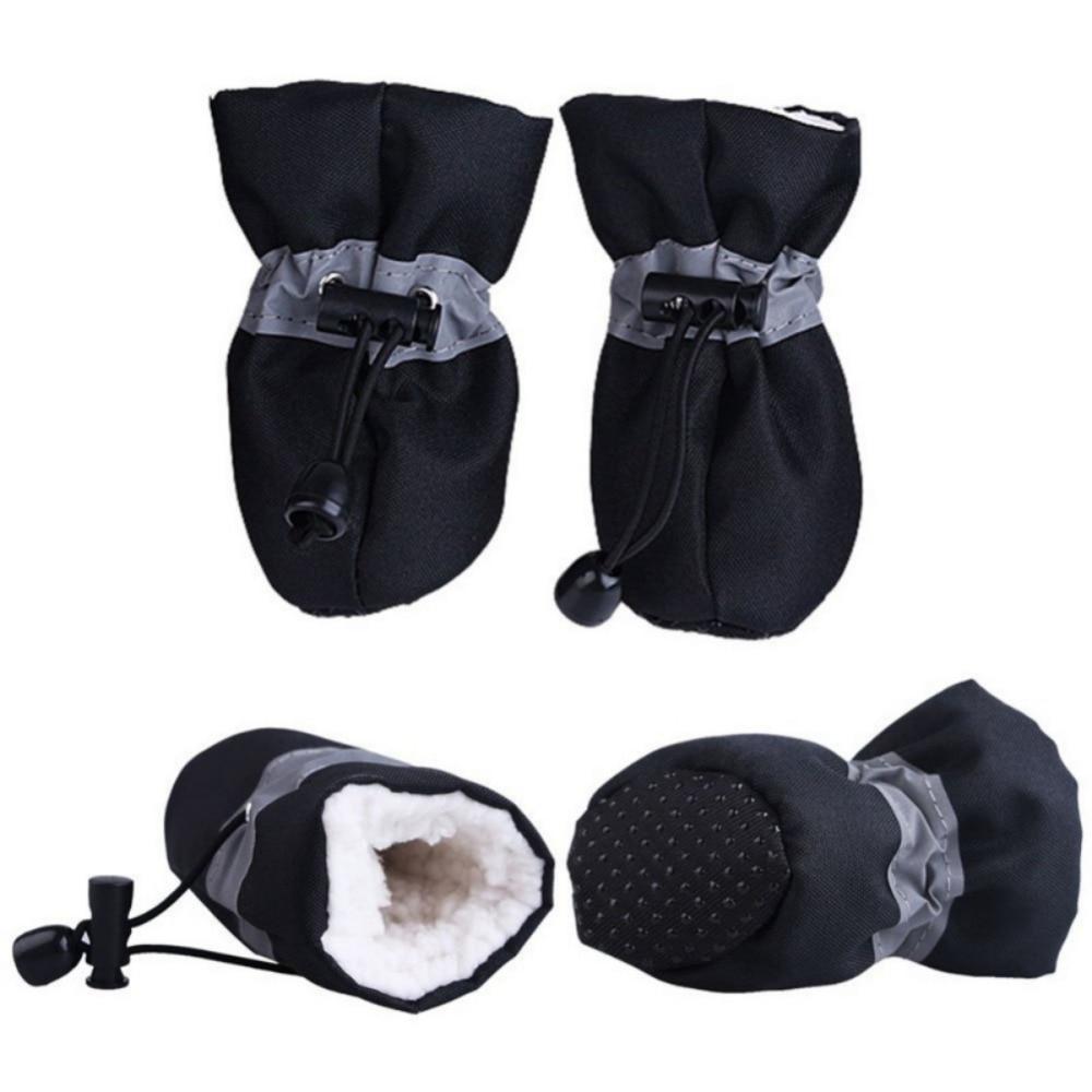 Dogs Winter Warm Shoes 4 PCS Set featuring anti-slip soles and reflective strips for safety.