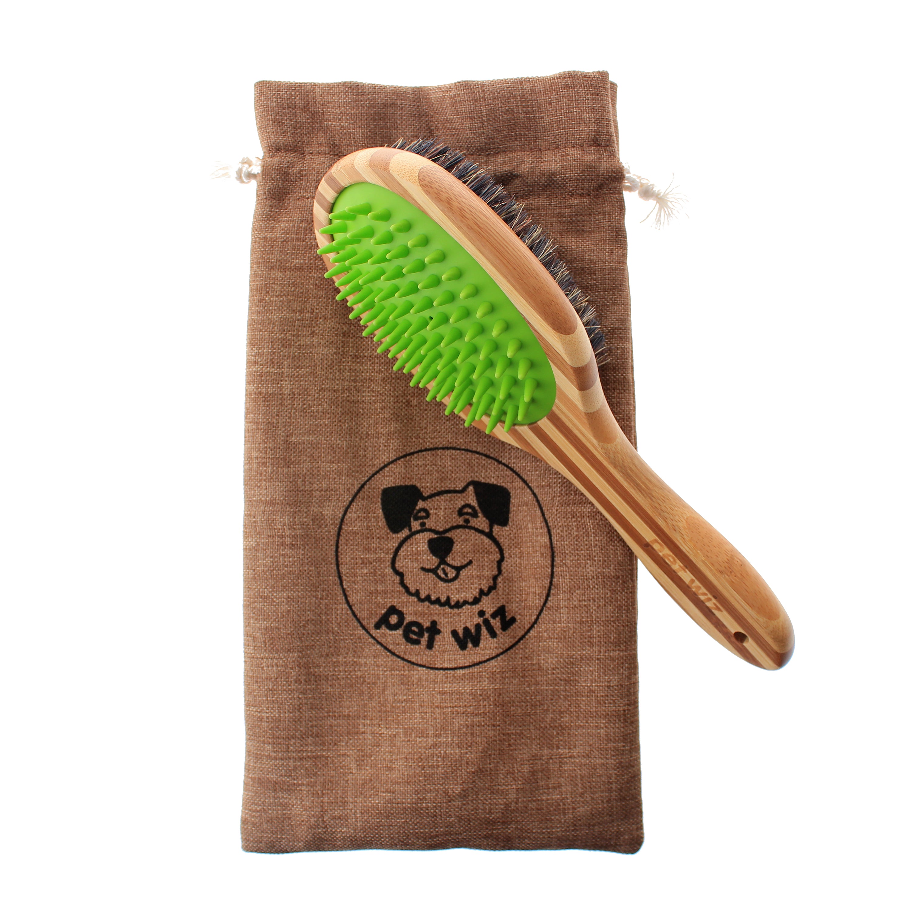Double sided bamboo dog brush featuring silicone massager and boar bristles, ideal for grooming all dog breeds.