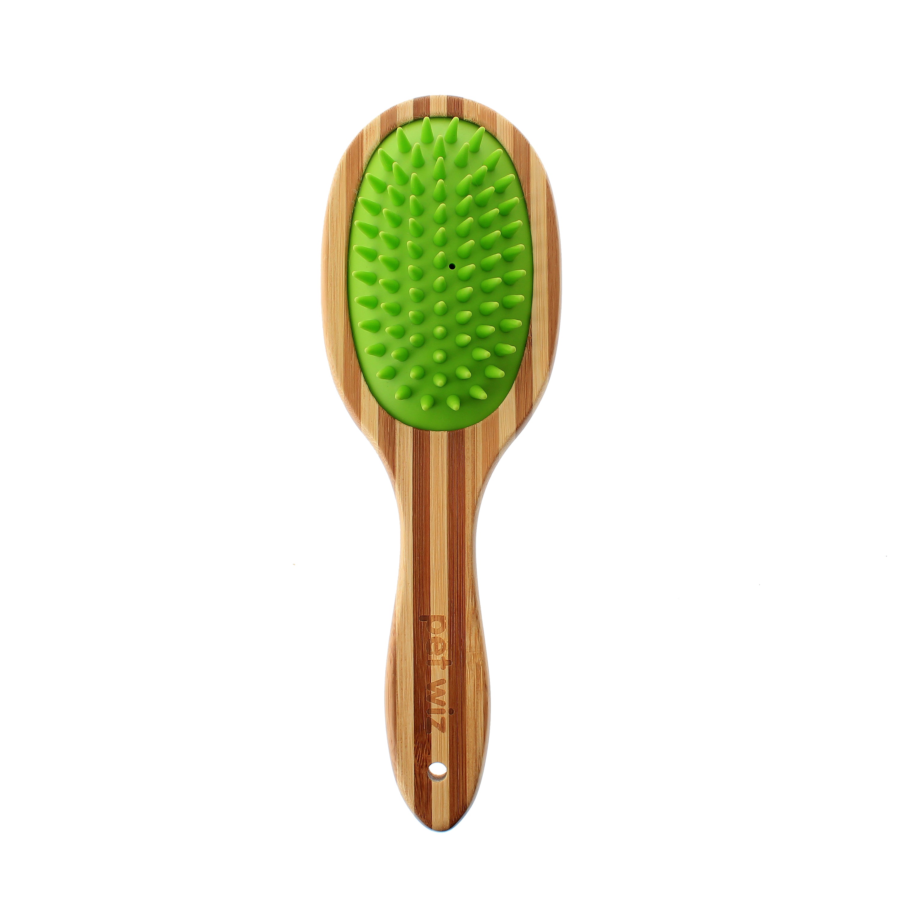 Double sided bamboo dog brush featuring silicone massager and boar bristles, ideal for grooming all dog breeds.