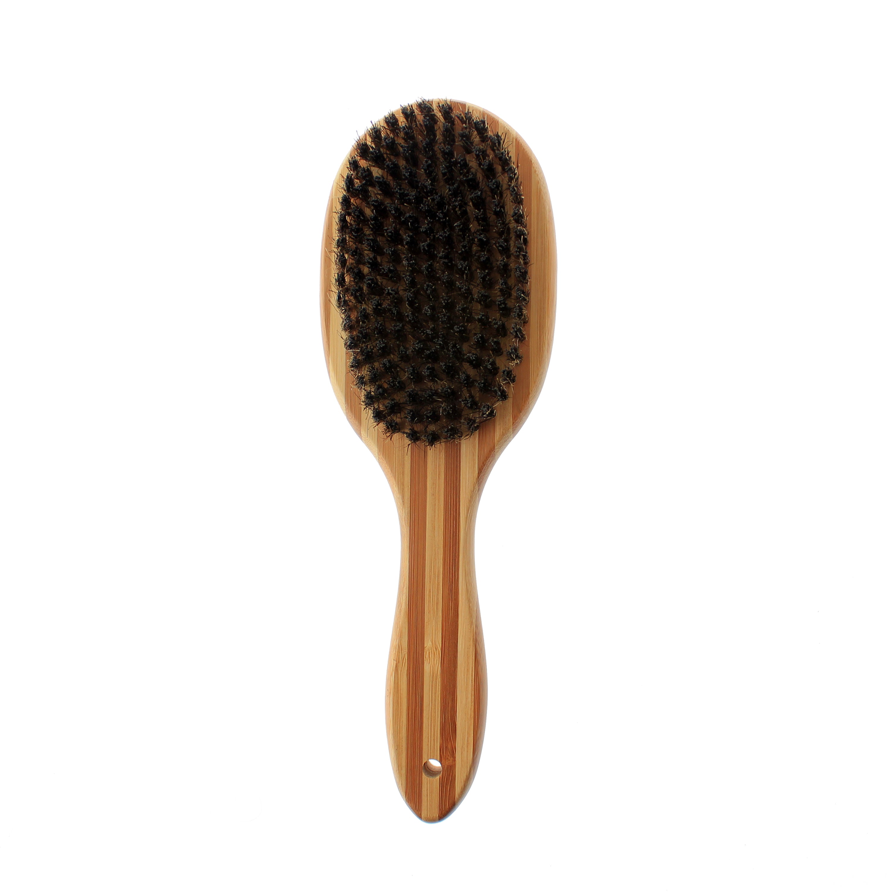 Double sided bamboo dog brush featuring silicone massager and boar bristles, ideal for grooming all dog breeds.