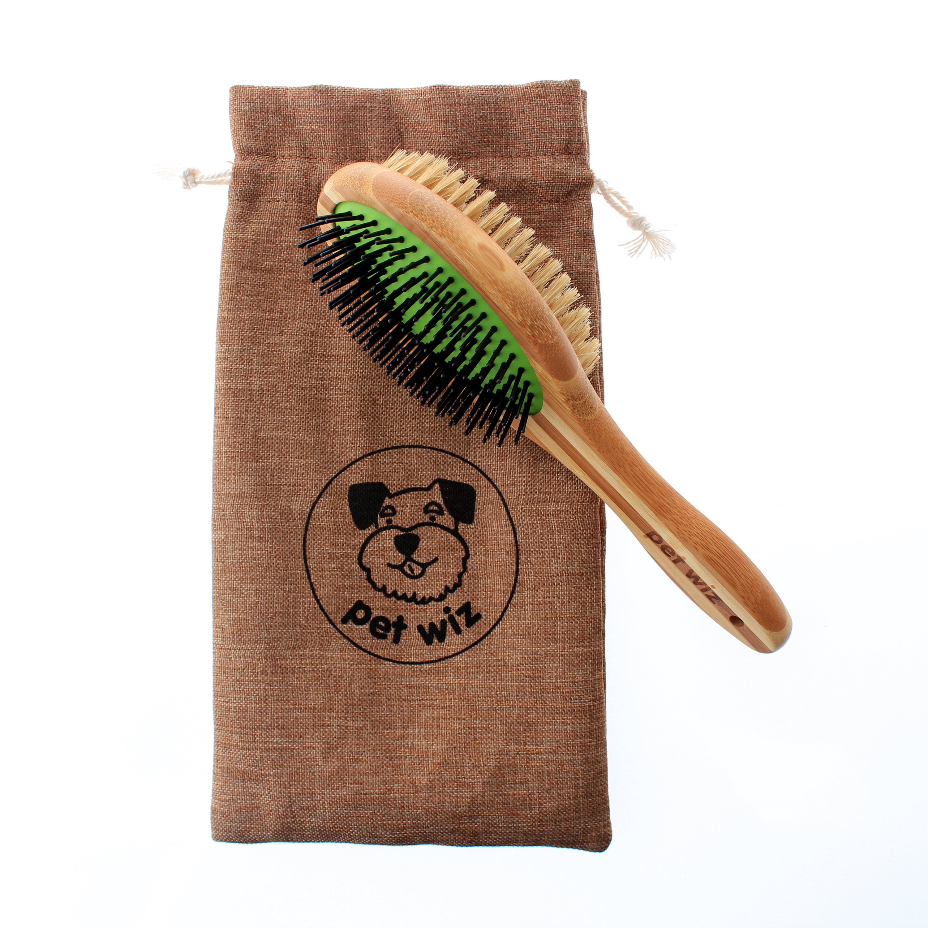 Double sided bamboo dog brush featuring pin and bristle sides for effective grooming.