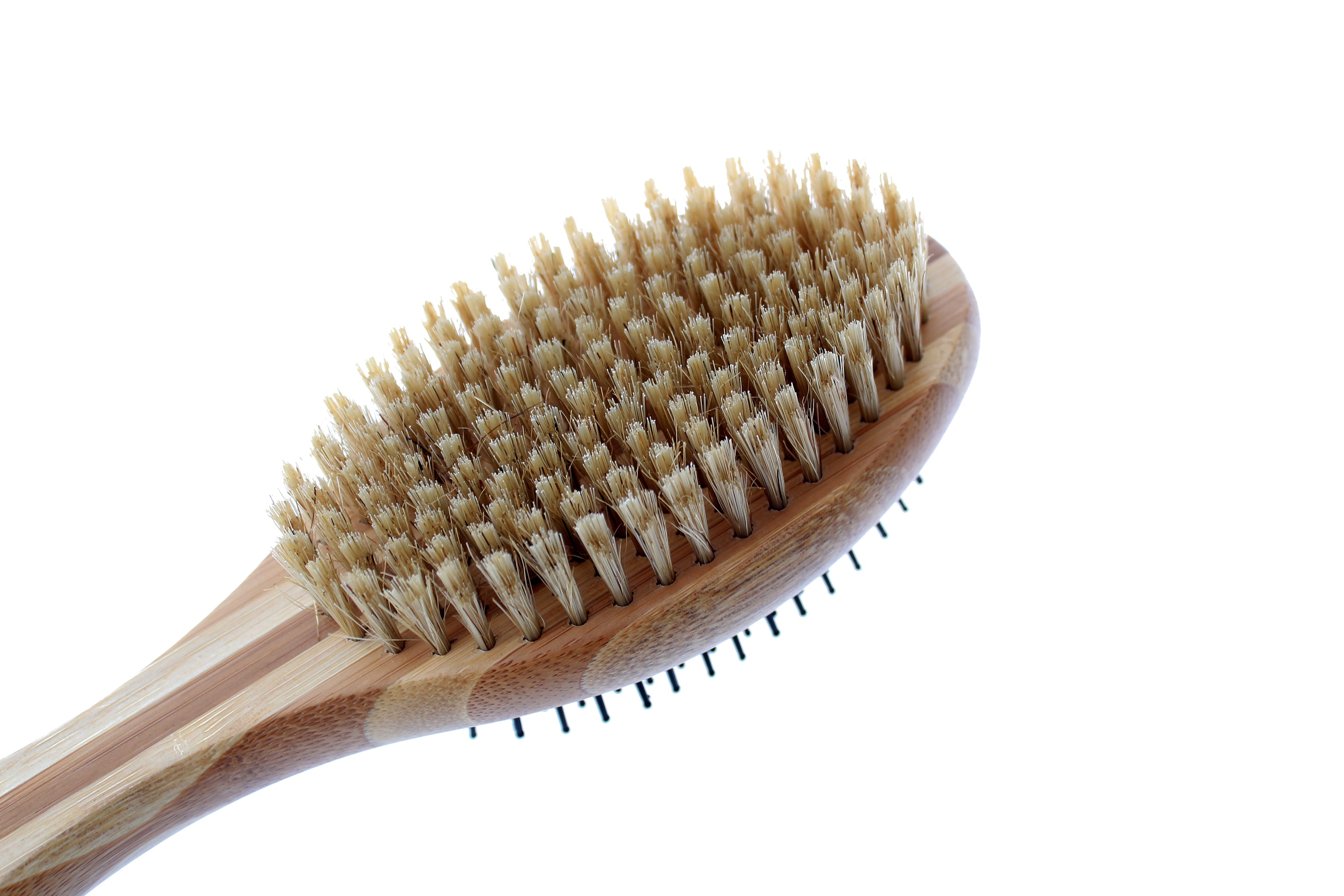 Double sided bamboo dog brush featuring pin and bristle sides for effective grooming.