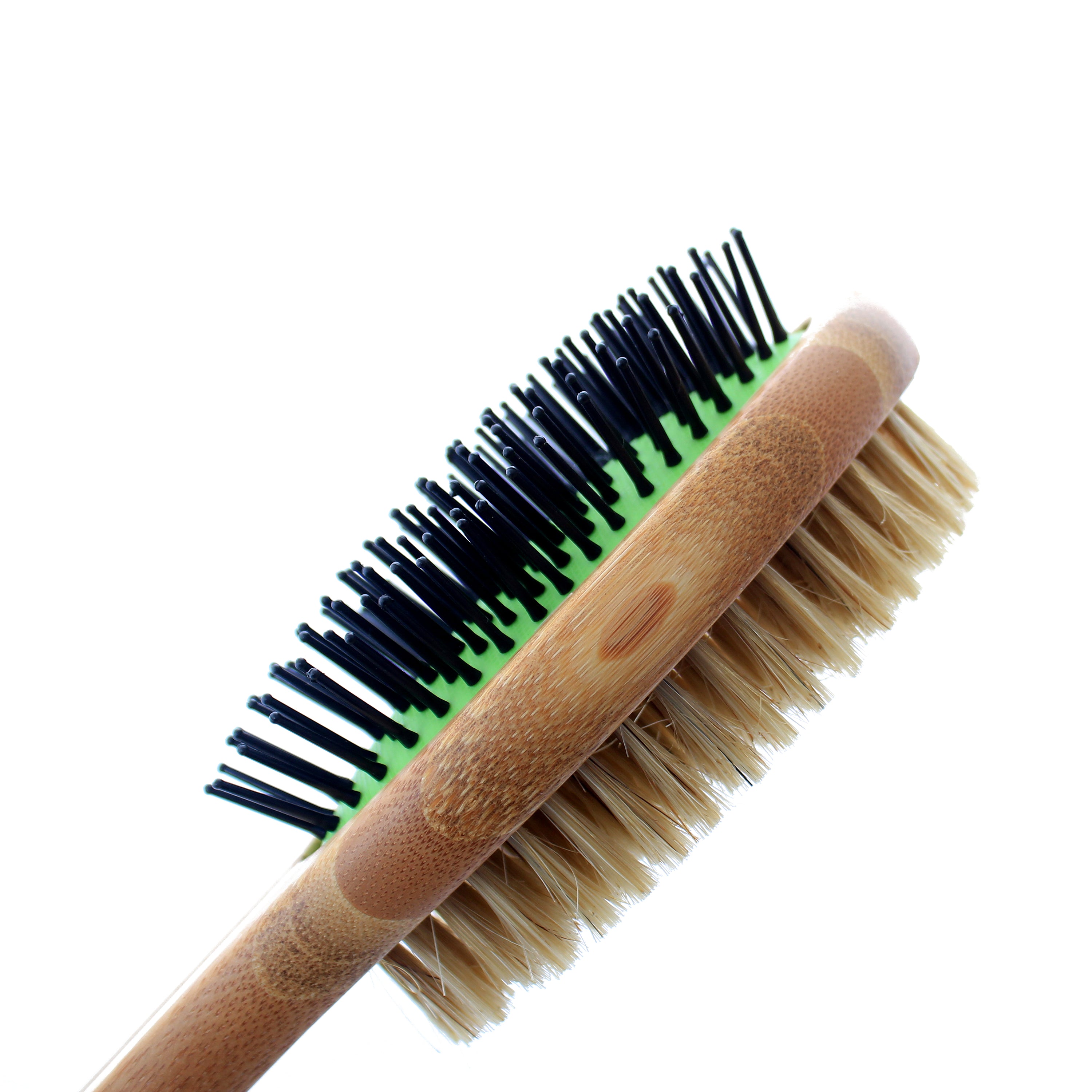 Double sided bamboo dog brush featuring pin and bristle sides for effective grooming.