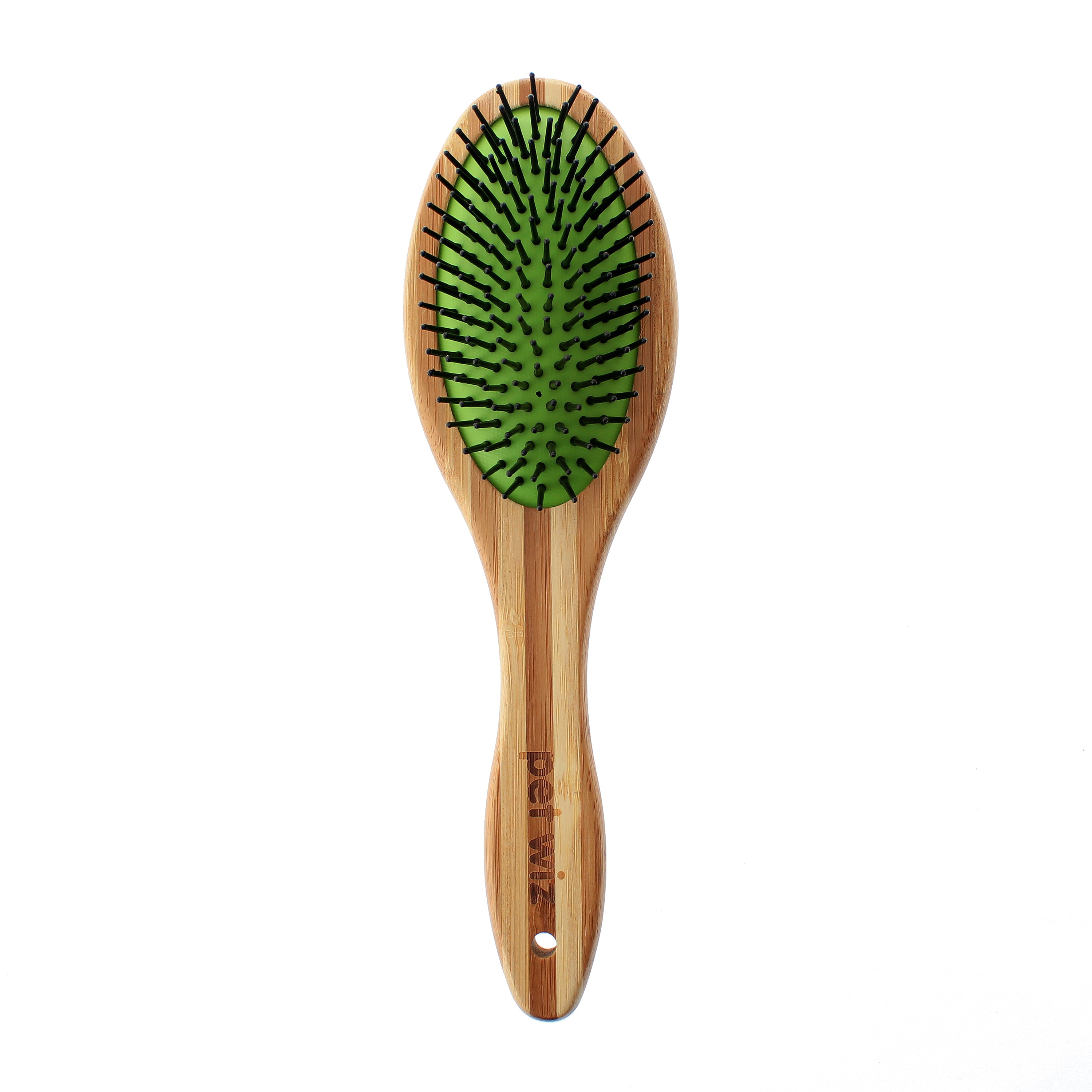 Double sided bamboo dog brush featuring pin and bristle sides for effective grooming.