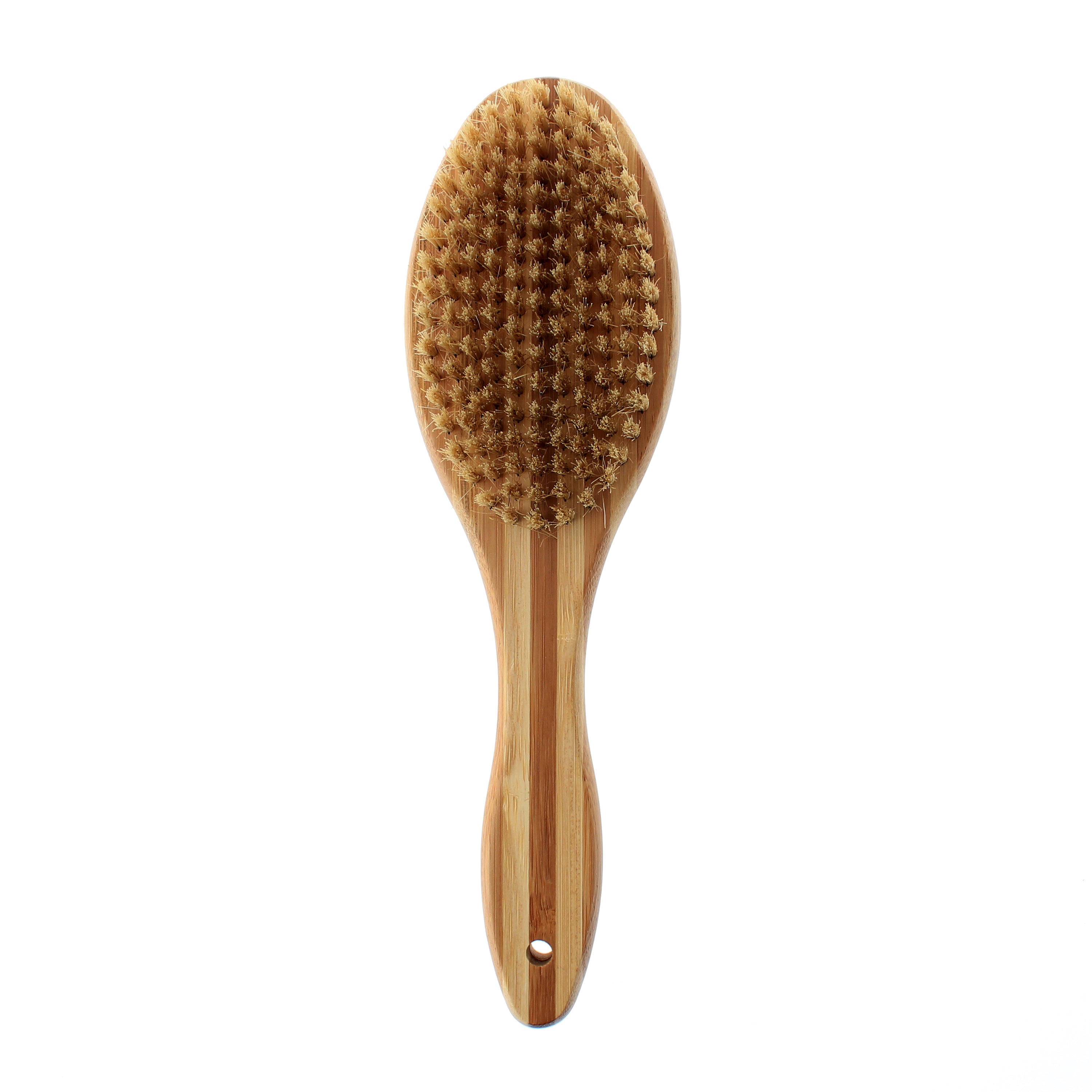 Double sided bamboo dog brush featuring pin and bristle sides for effective grooming.