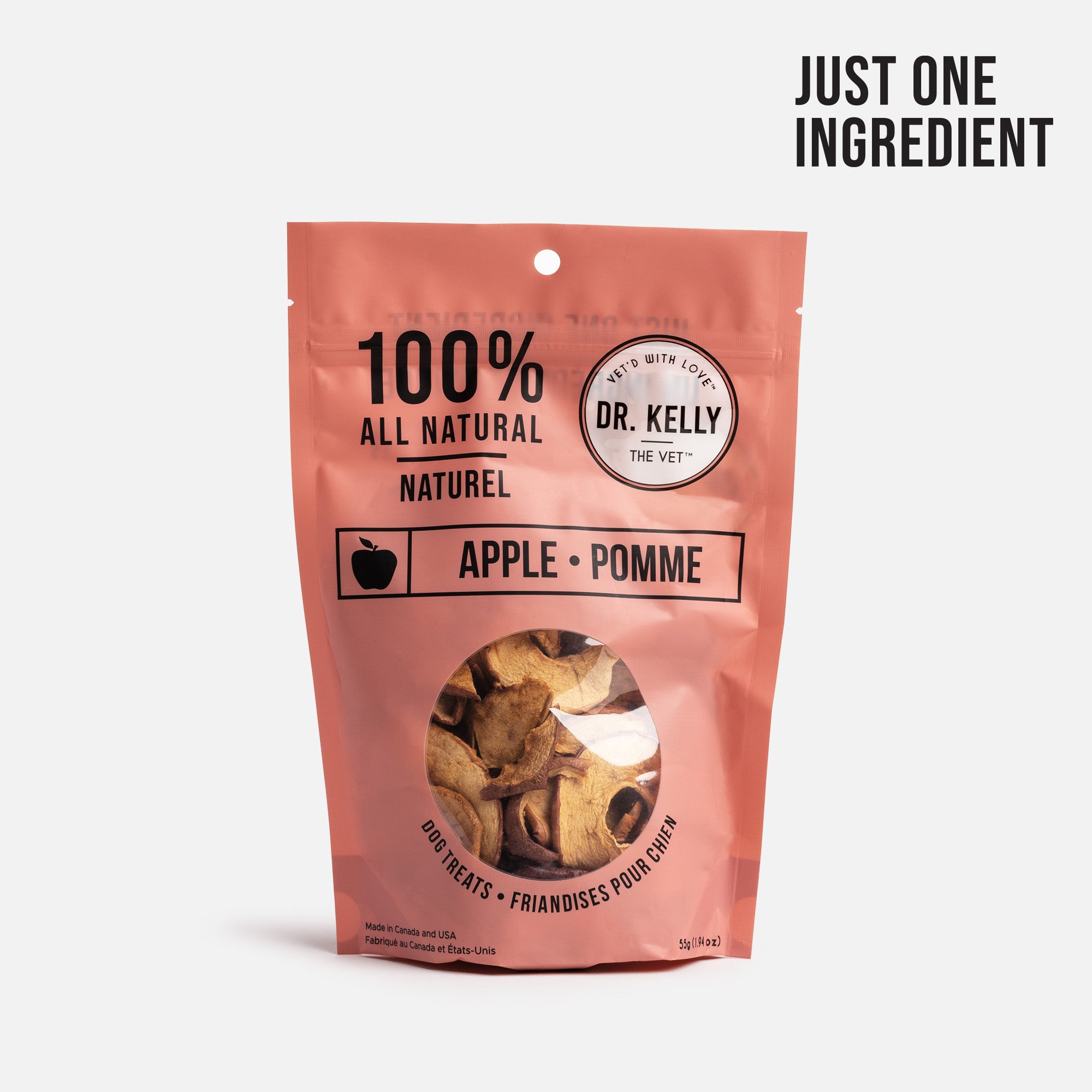 A pack of Dr. Kelly The Vet 100% Natural Dog Treats made from pure apple, showcasing the healthy and natural ingredients.
