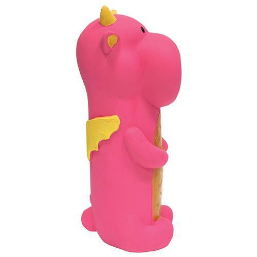 Dragon Cruncher Toys in blue, purple, and pink, showcasing their fun latex design and empty water bottle inside.