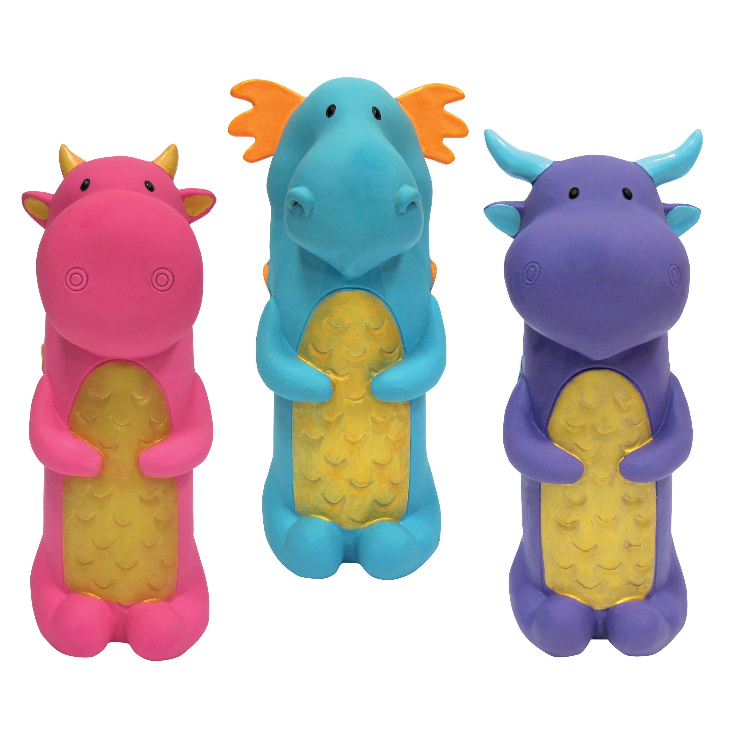 Dragon Cruncher Toys in blue, purple, and pink, featuring a water bottle inside for crunching fun, designed for dogs.