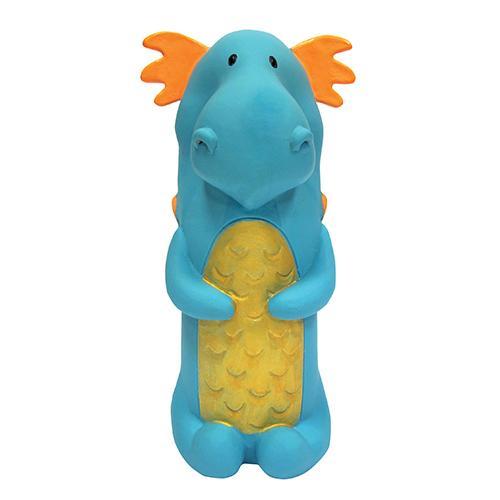 Dragon Cruncher Toys in blue, purple, and pink, featuring a water bottle inside for crunching fun, designed for dogs.