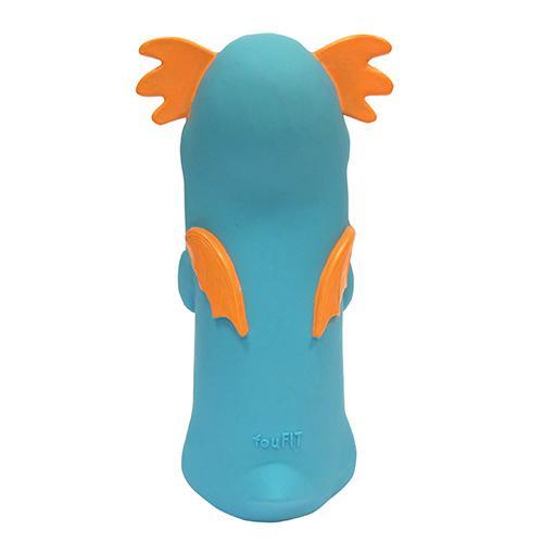 Dragon Cruncher Toys in blue, purple, and pink, featuring a water bottle inside for crunching fun, designed for dogs.