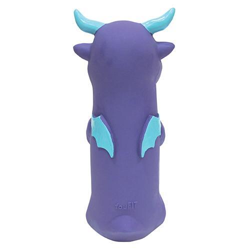 Dragon Cruncher Toys in blue, purple, and pink, featuring a water bottle inside for crunching fun, designed for dogs.