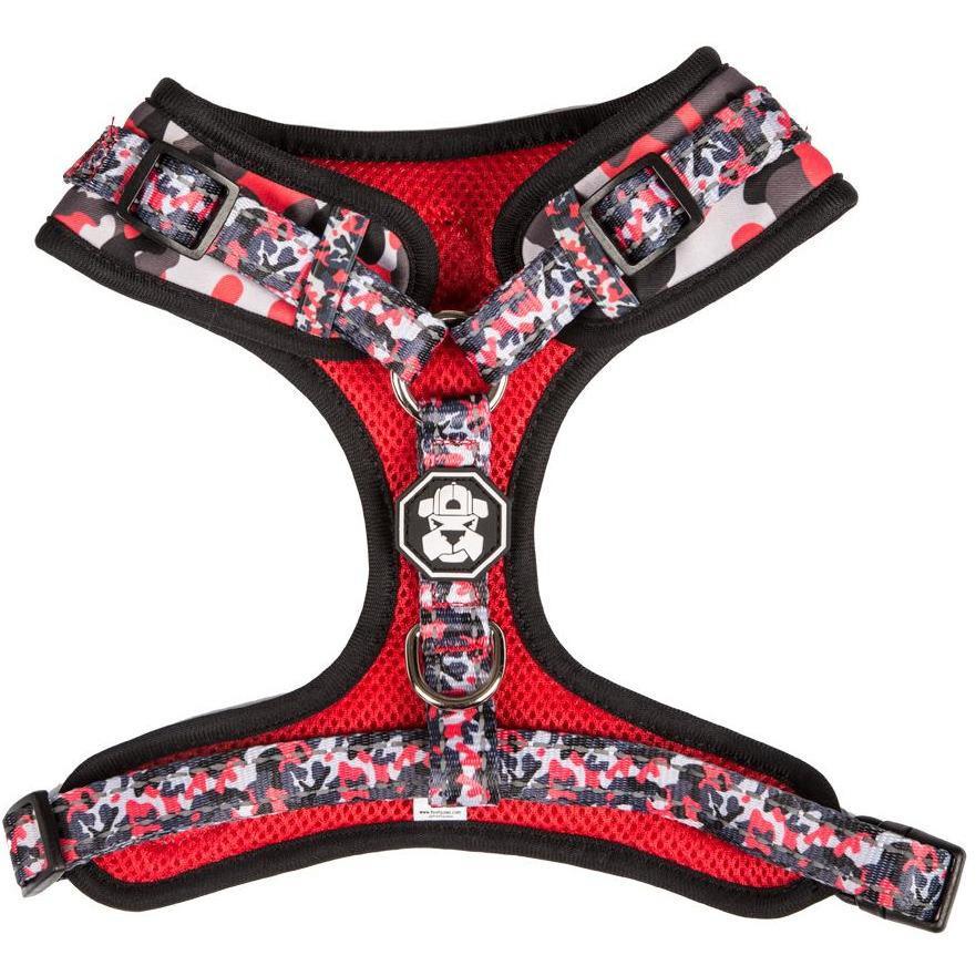 Drip Camo Adjustable Mesh Harness for dogs, featuring breathable mesh, neoprene padding, and reflective tape for safety.