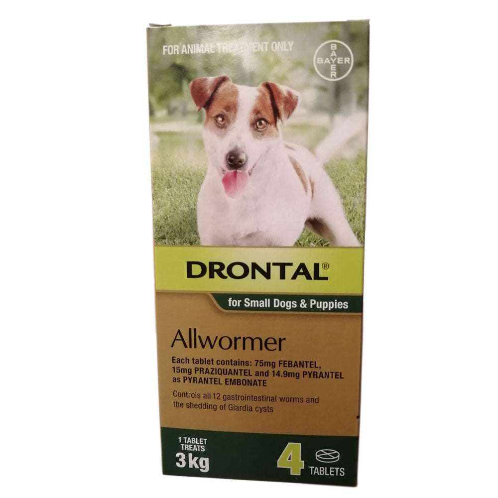 Drontal Allwormer Tablets for small dogs and puppies, packaged in a box with four tablets visible.