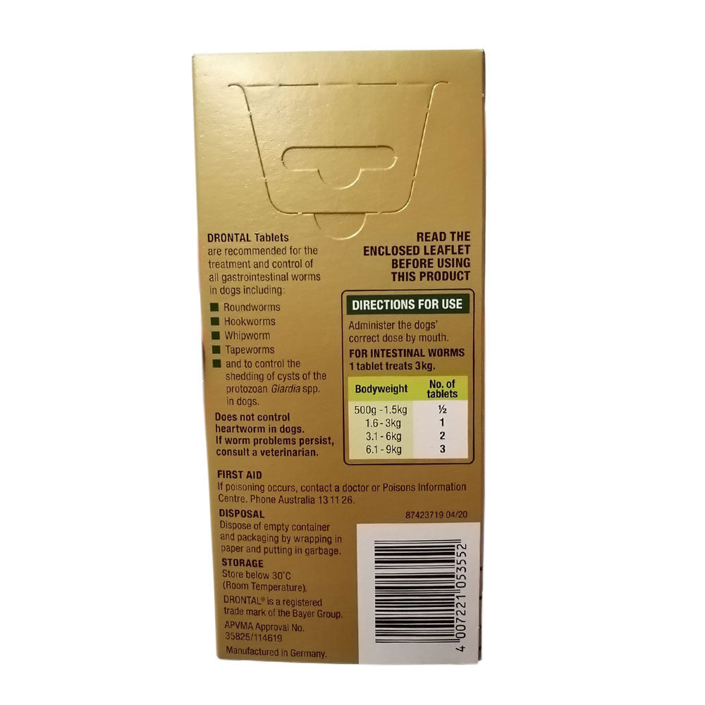 Drontal Allwormer Tablets for small dogs and puppies, packaged in a box with four tablets visible.