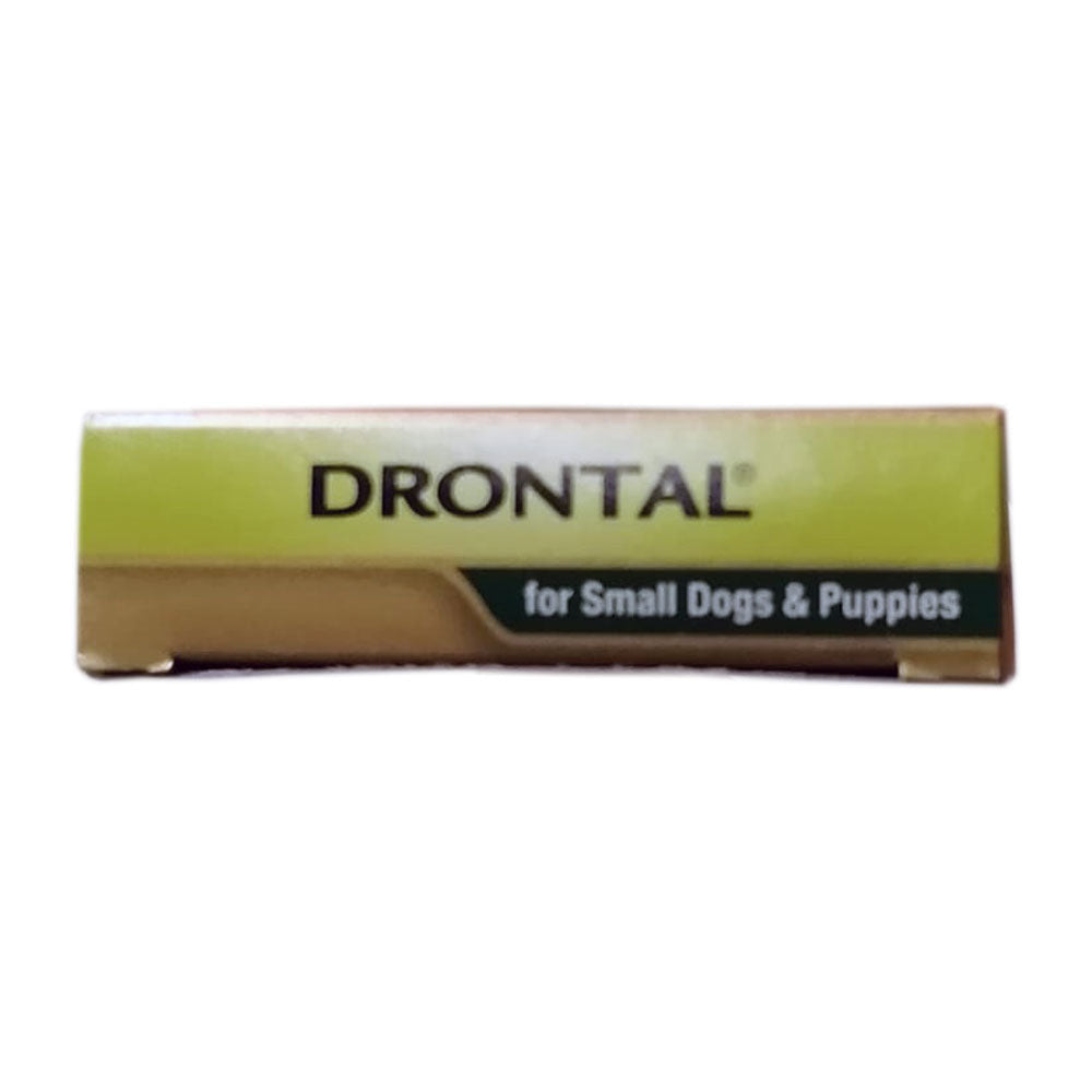 Drontal Allwormer Tablets for small dogs and puppies, packaged in a box with four tablets visible.