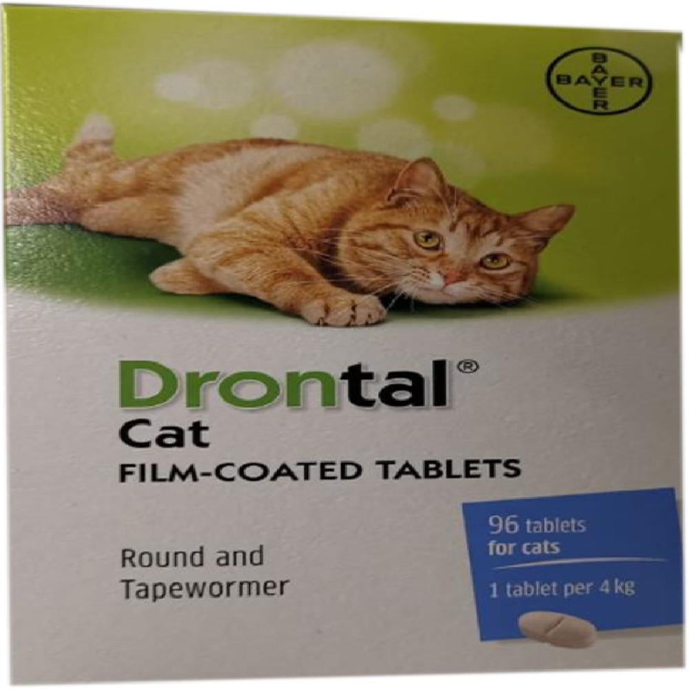 Drontal Cat Film Coated Tablets in a blister pack, designed for treating roundworms and tapeworms in cats, featuring clear labeling and dosage instructions.