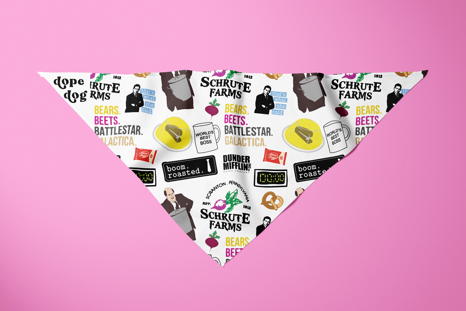 Dunder Mifflin Bandana for dogs, handmade with ultra-soft polyester fabric, featuring a stylish design suitable for small and giant dogs.