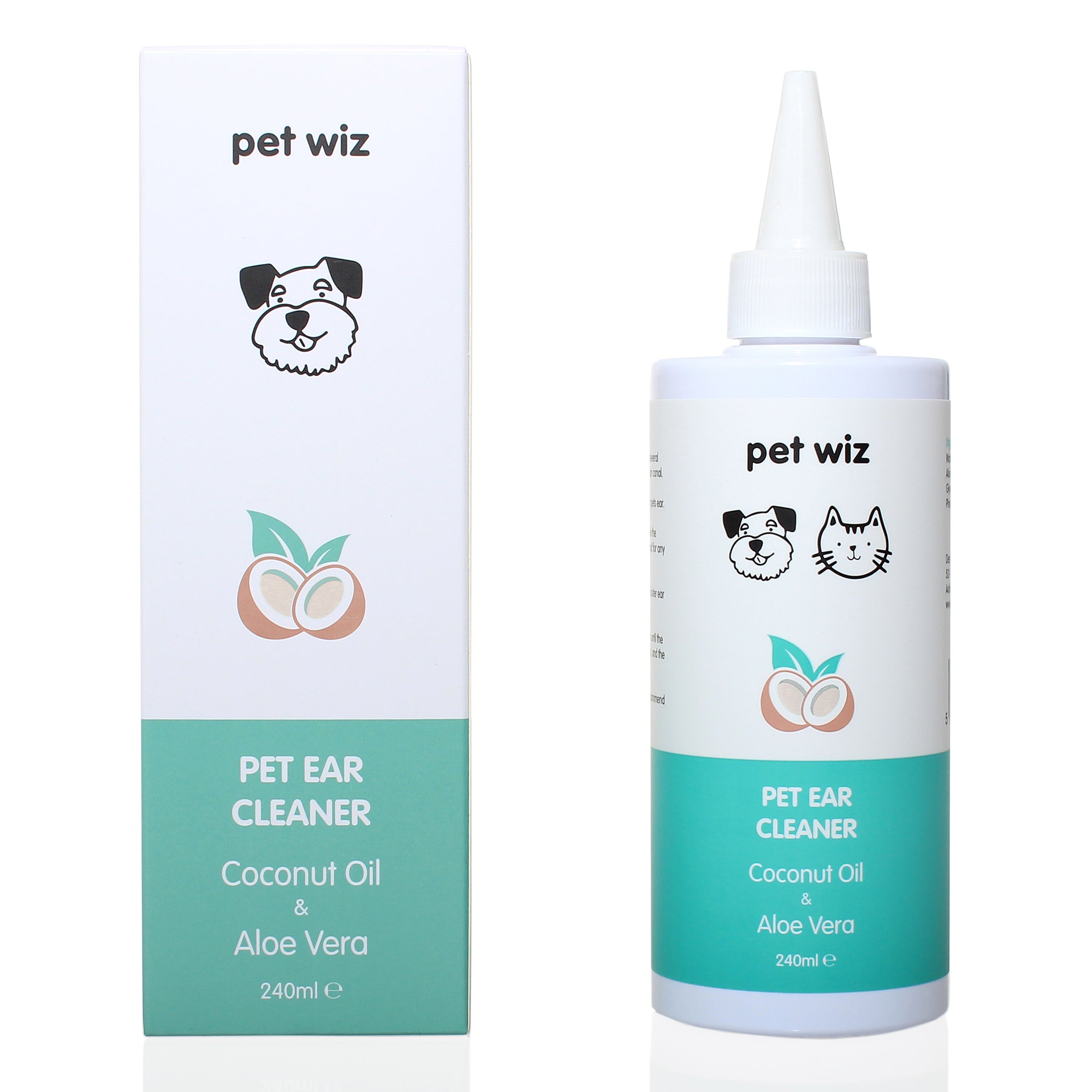 Pet Wiz Ear Cleaner for Dogs and Cats with coconut oil and aloe vera, designed for safe and gentle ear cleaning.