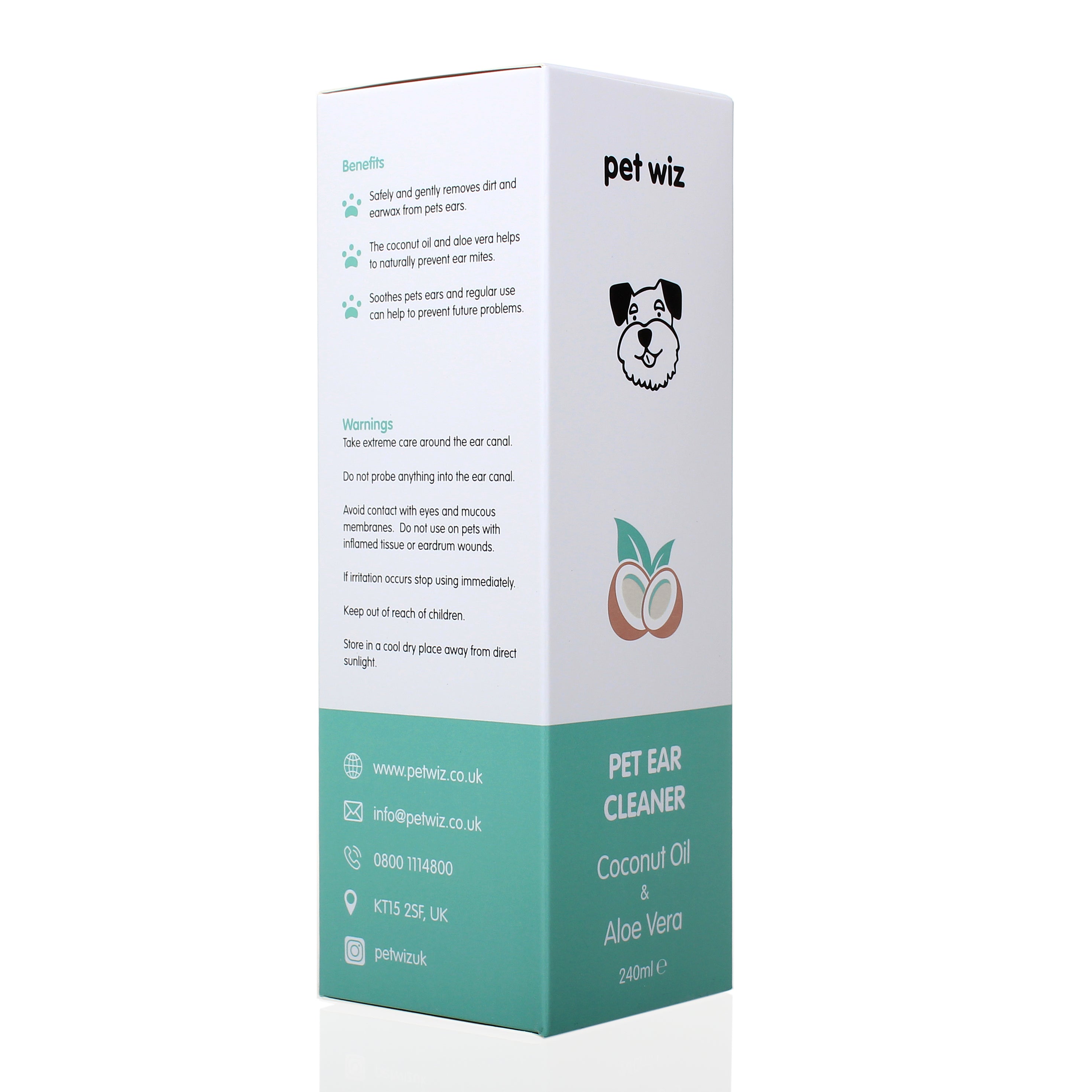 Pet Wiz Ear Cleaner for Dogs and Cats with coconut oil and aloe vera, designed for safe and gentle ear cleaning.